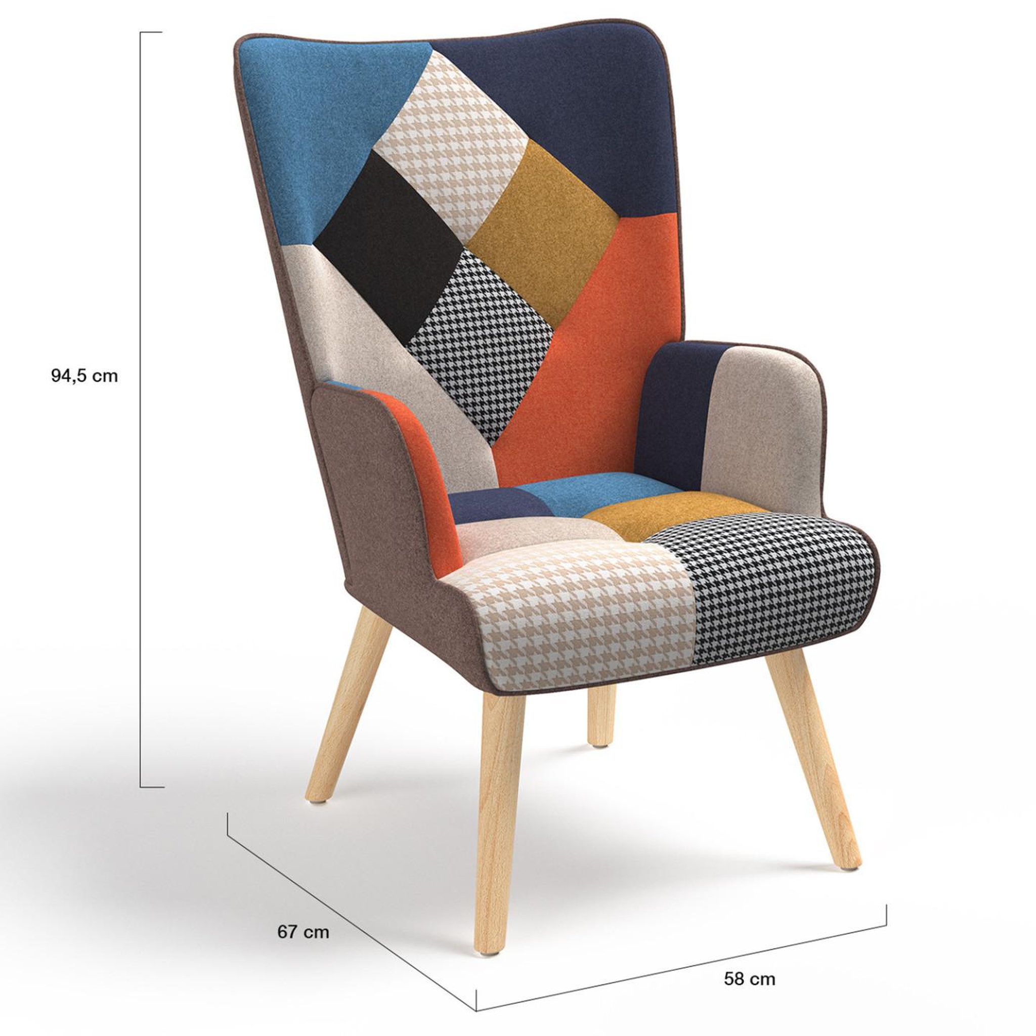 Voir la diapositive 4 : ID MARKET Fauteuil scandinave ivar en tissu patchwork multicouleurs et imprimé pied de poule