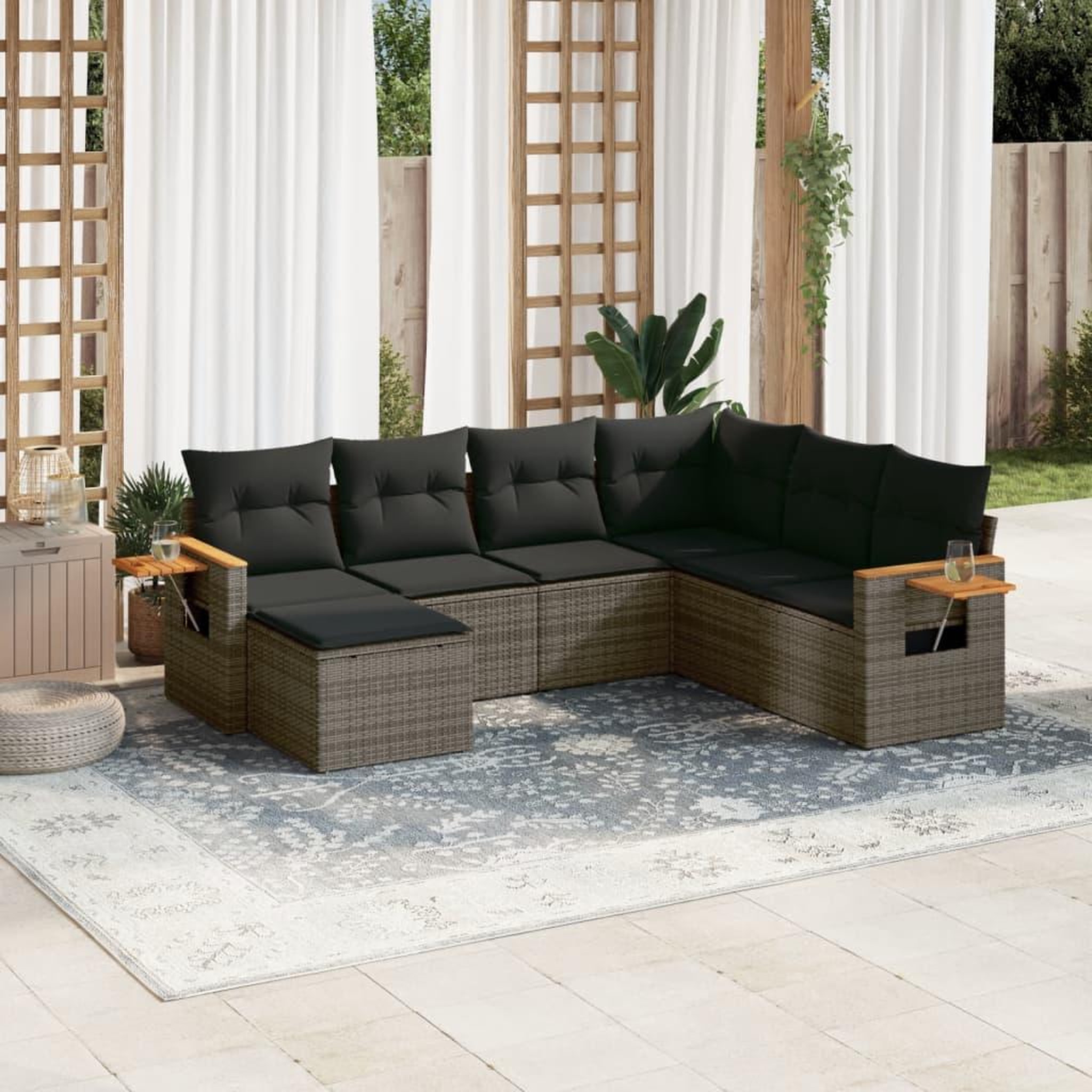 VIDAXL Salon de jardin avec coussins 7 pcs gris resine tressee