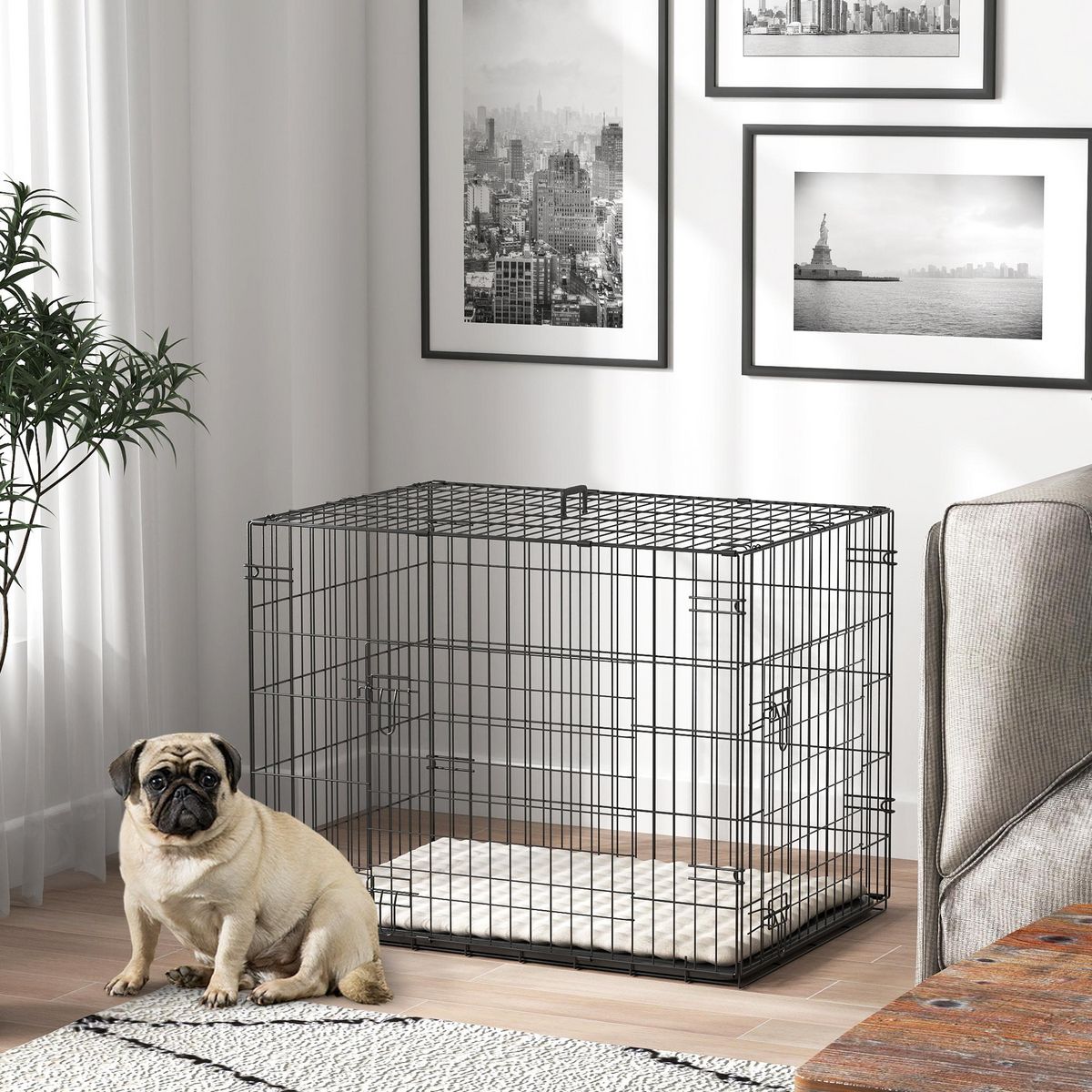 PAWHUT Cage chien pliable - 2 portes verrouillables, plateau amovible, coussin - 76 x 53 x 60 cm - beige noir
