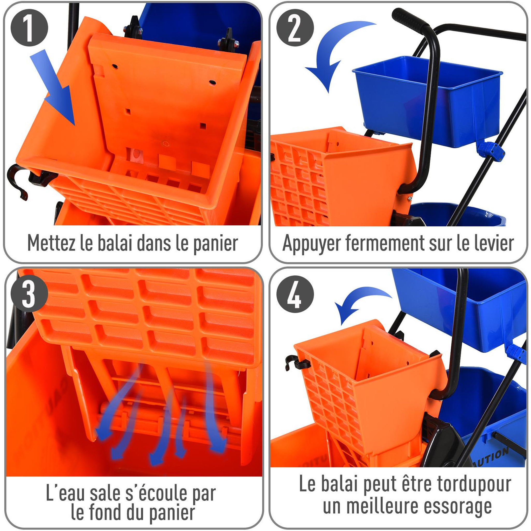 Voir la diapositive 6 : HOMCOM Chariot de lavage chariot de nettoyage professionnel presse à mâchoire 2 seaux + rangement orange bleu