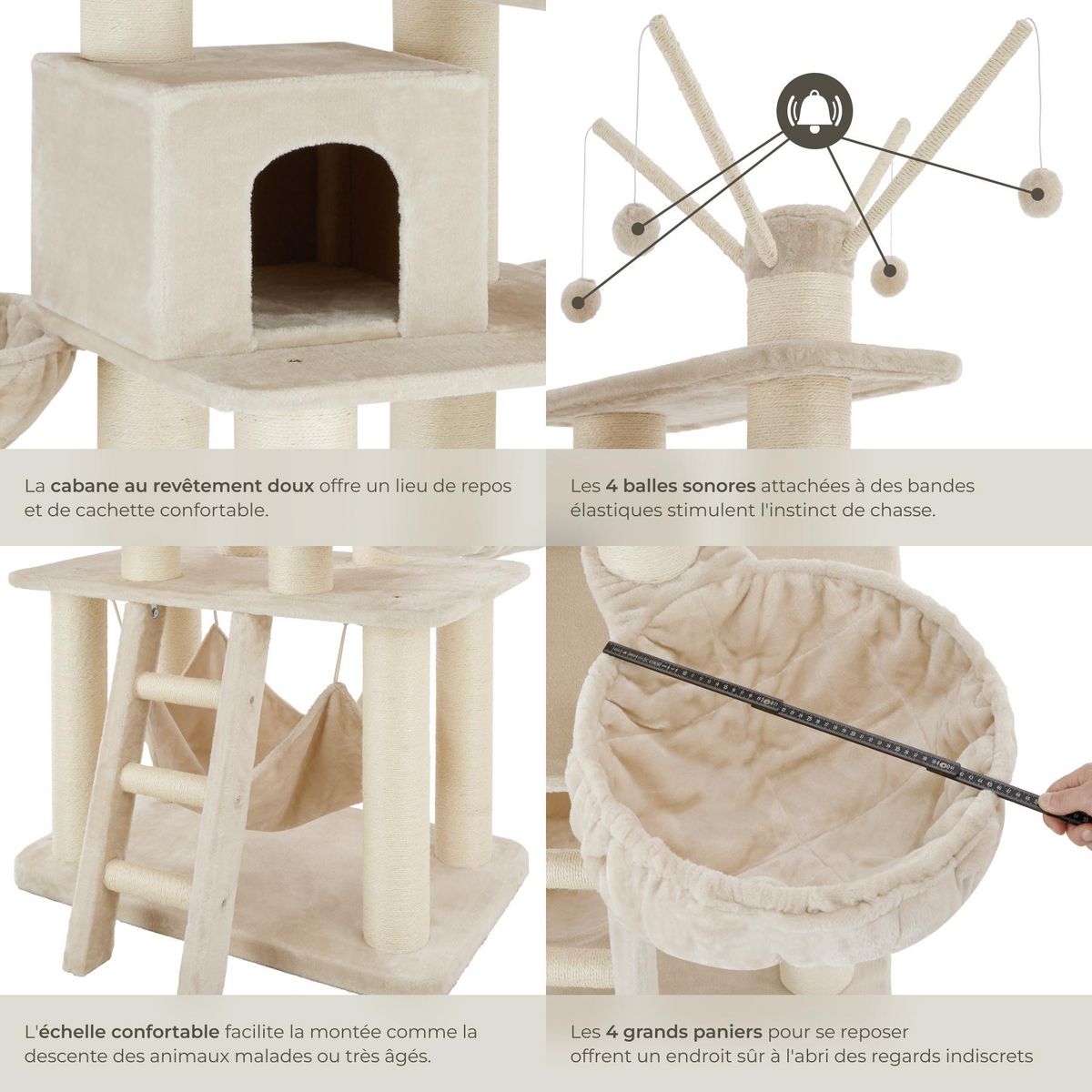 tectake Arbre à chat 195 cm avec griffoir et plateforme d'escalade beige/blanc