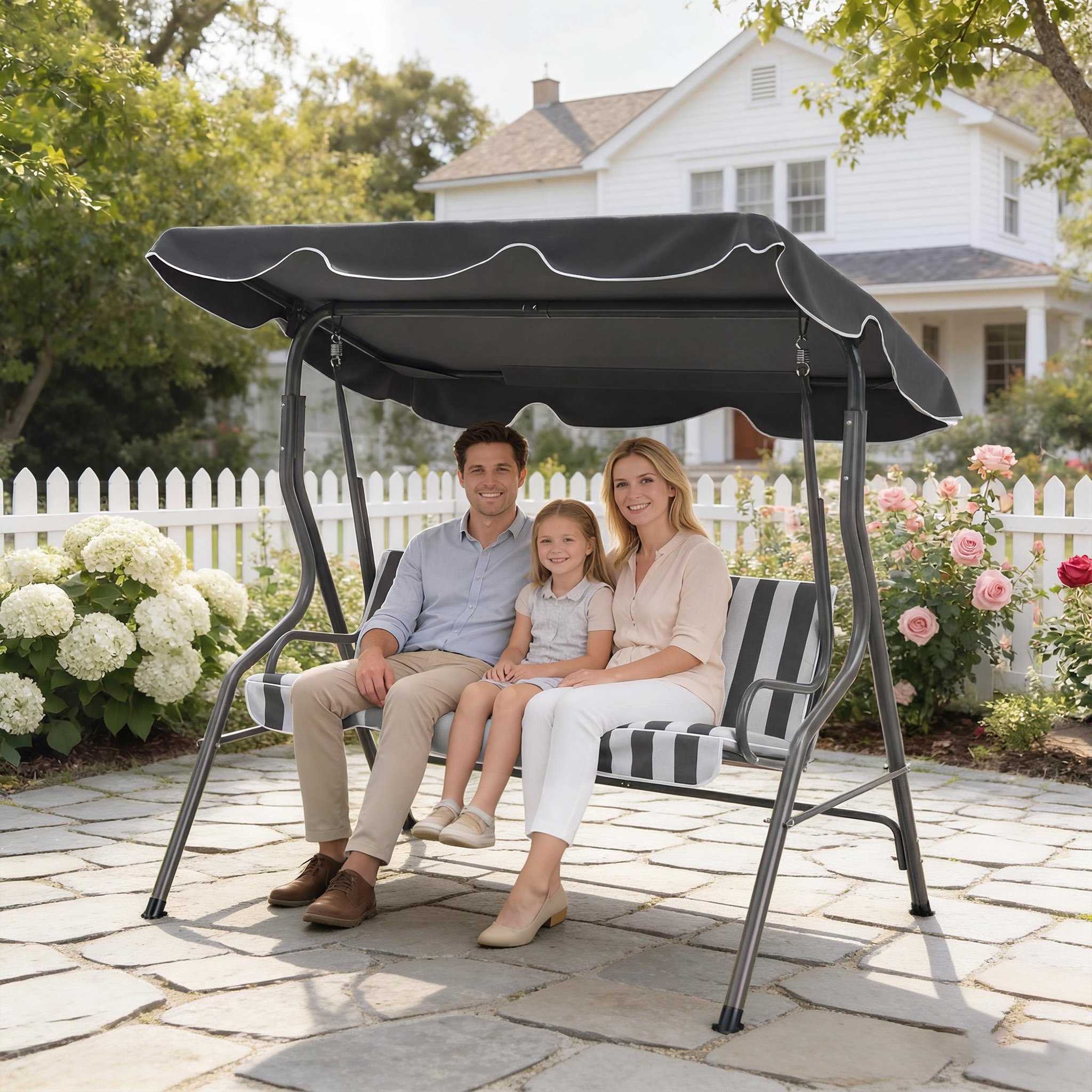 Voir la diapositive 2 : OUTSUNNY Balancelle de jardin 3 places coussins assise dossier gris blanc rayé