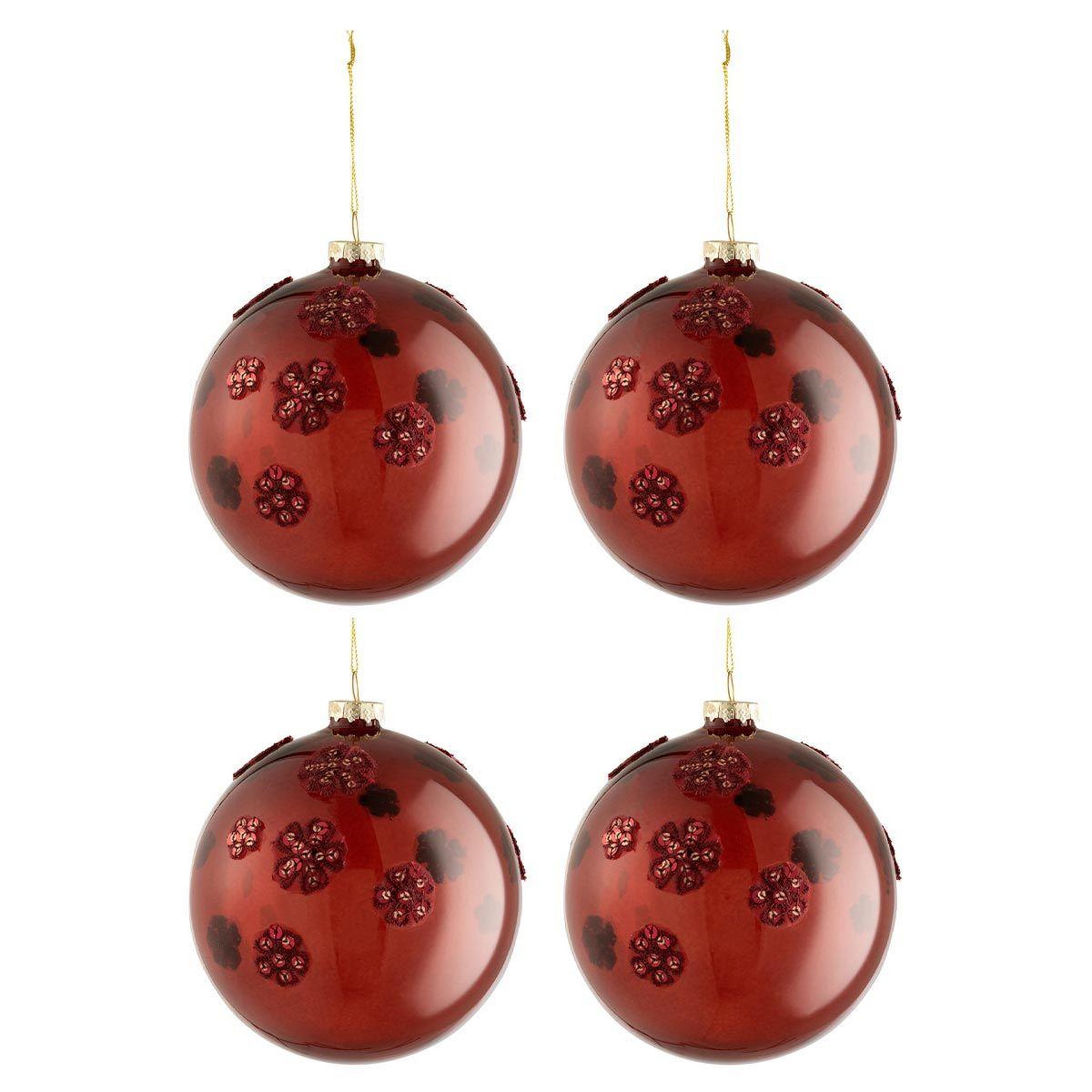 J-LINE Lot de 4 boules de noël  fleurs verre  12cm marron
