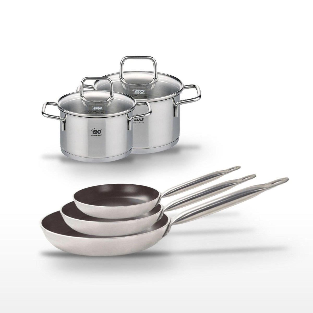 ELO Lot de 3 Poêles 24/28/32 cm et 2 Faitouts 14/16 cm Elo Bistro Line
