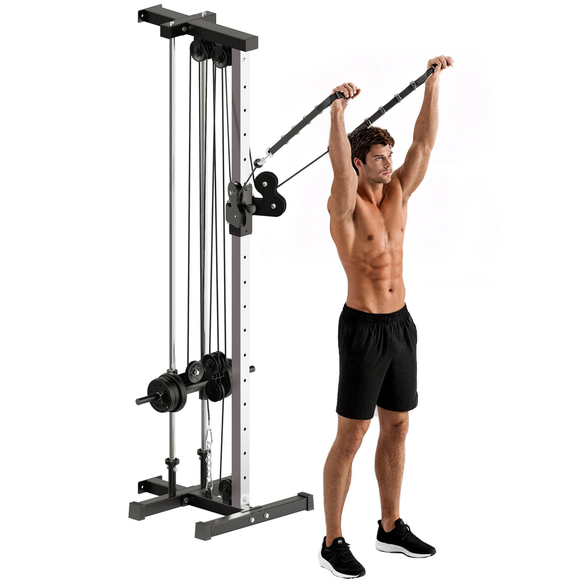 HOMCOM Station de musculation montage mural - double poulie, tirage poitrine, lat pulldown - acier gris noir