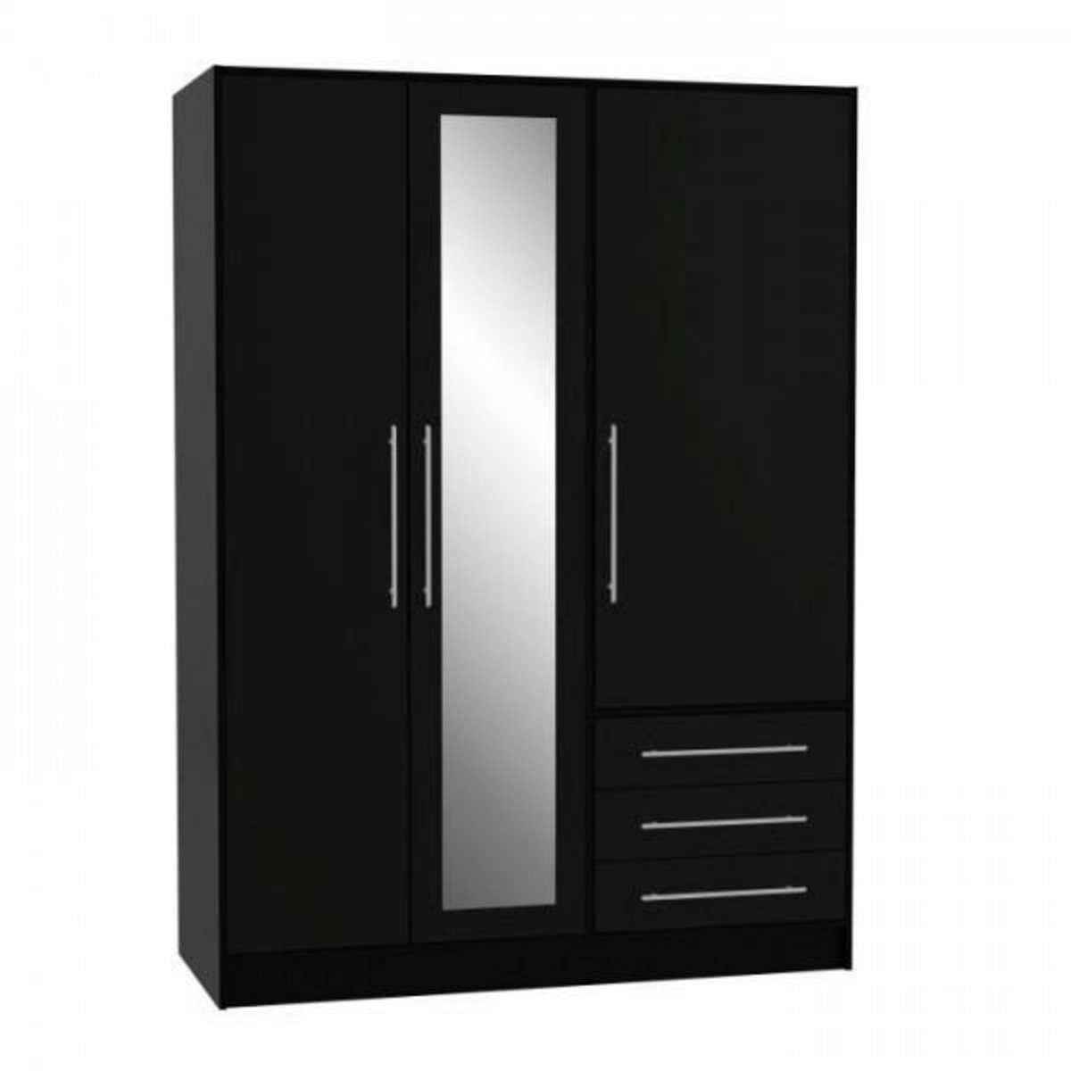 MARKET24 Armoire 3 portes battantes avec miroir + 3 tiroirs - Bois aggloméré - Noir - L 144,6 x P 60 x H 200 cm - JUPITER