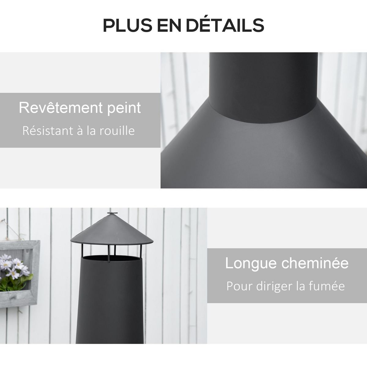 OUTSUNNY Brasero cheminée d'extérieur H.133 Ø 45 cm tisonnier large foyer - espace de rangement pour bûches - métal noir