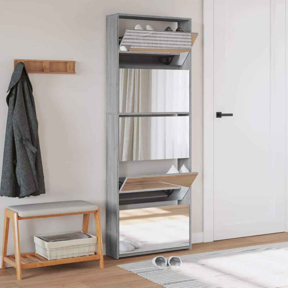 VIDAXL Armoire a chaussures miroir 5 niveaux sonoma gris 63x17x169,5cm