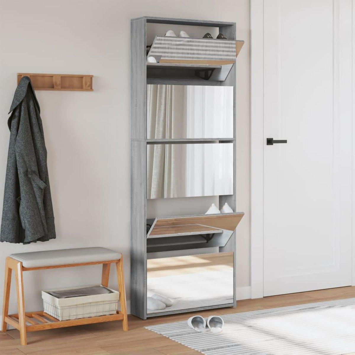 VIDAXL Armoire a chaussures miroir 5 niveaux sonoma gris 63x17x169,5cm