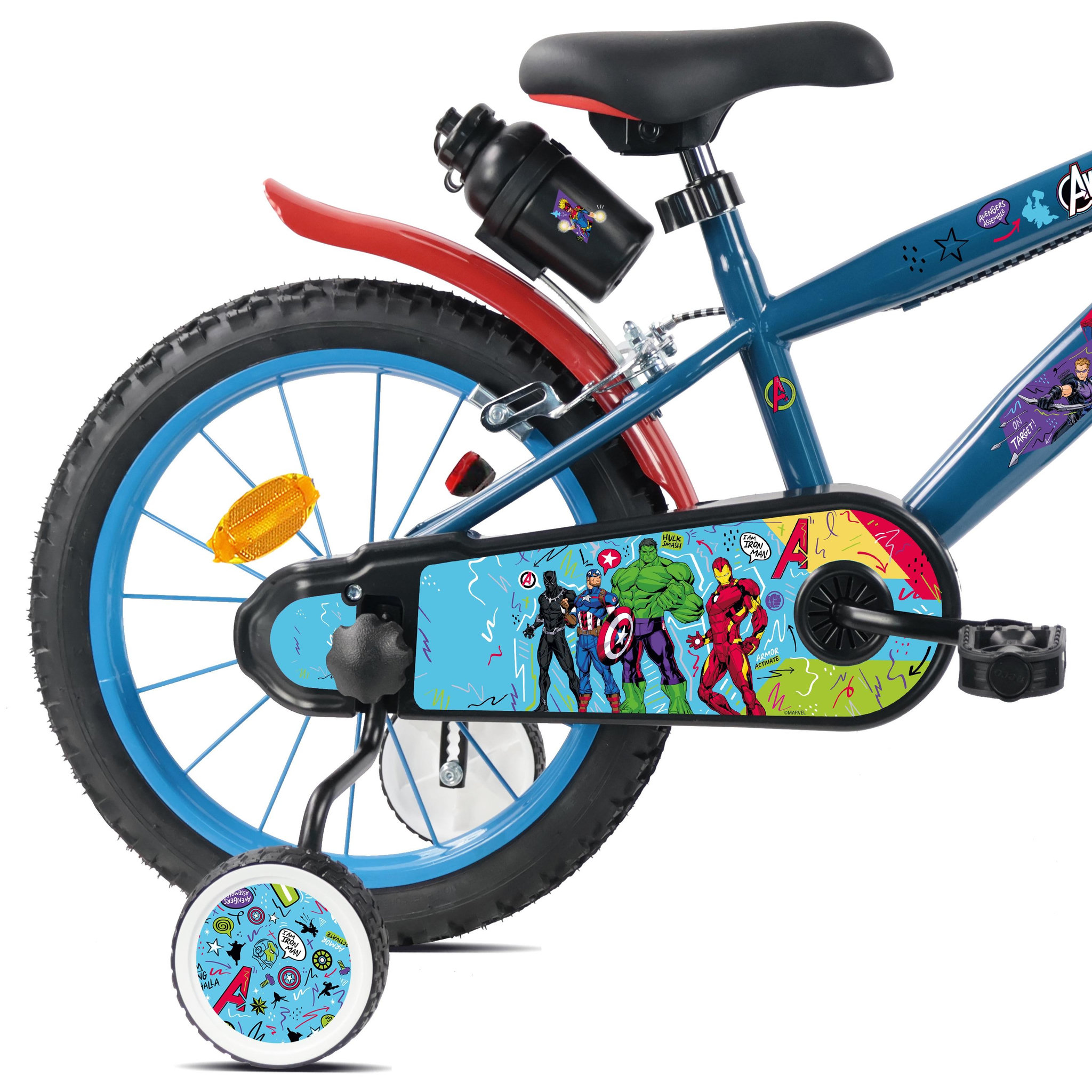 Voir la diapositive 2 : Avengers Vélo enfant 16'' AVENGERS de Marvel (100 cm à 125 cm) avec 2 freins, plaque avant décorative, stabilisateurs et bidon arrière.