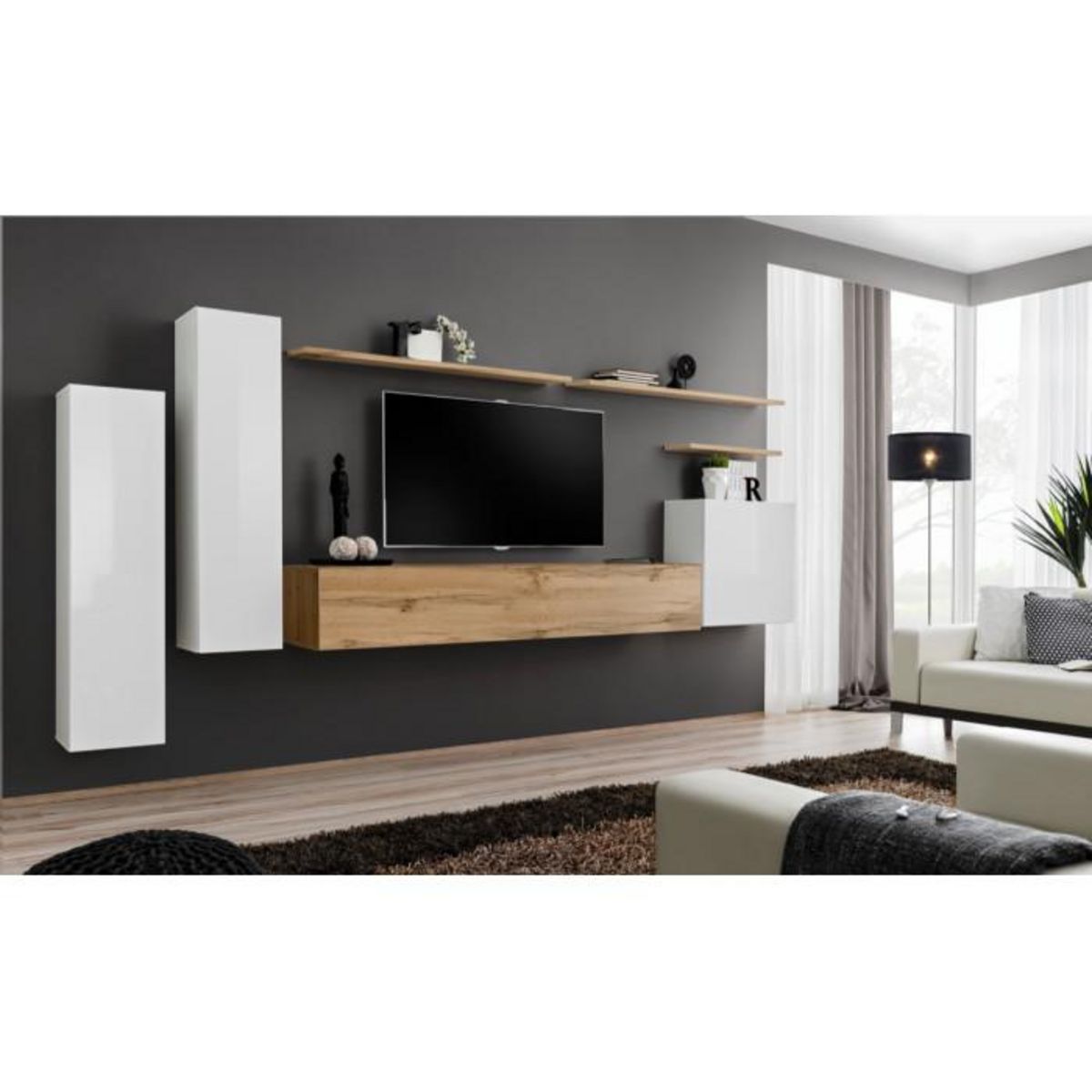 Paris Prix Meuble TV Mural Design  Switch I  330cm Blanc & Naturel