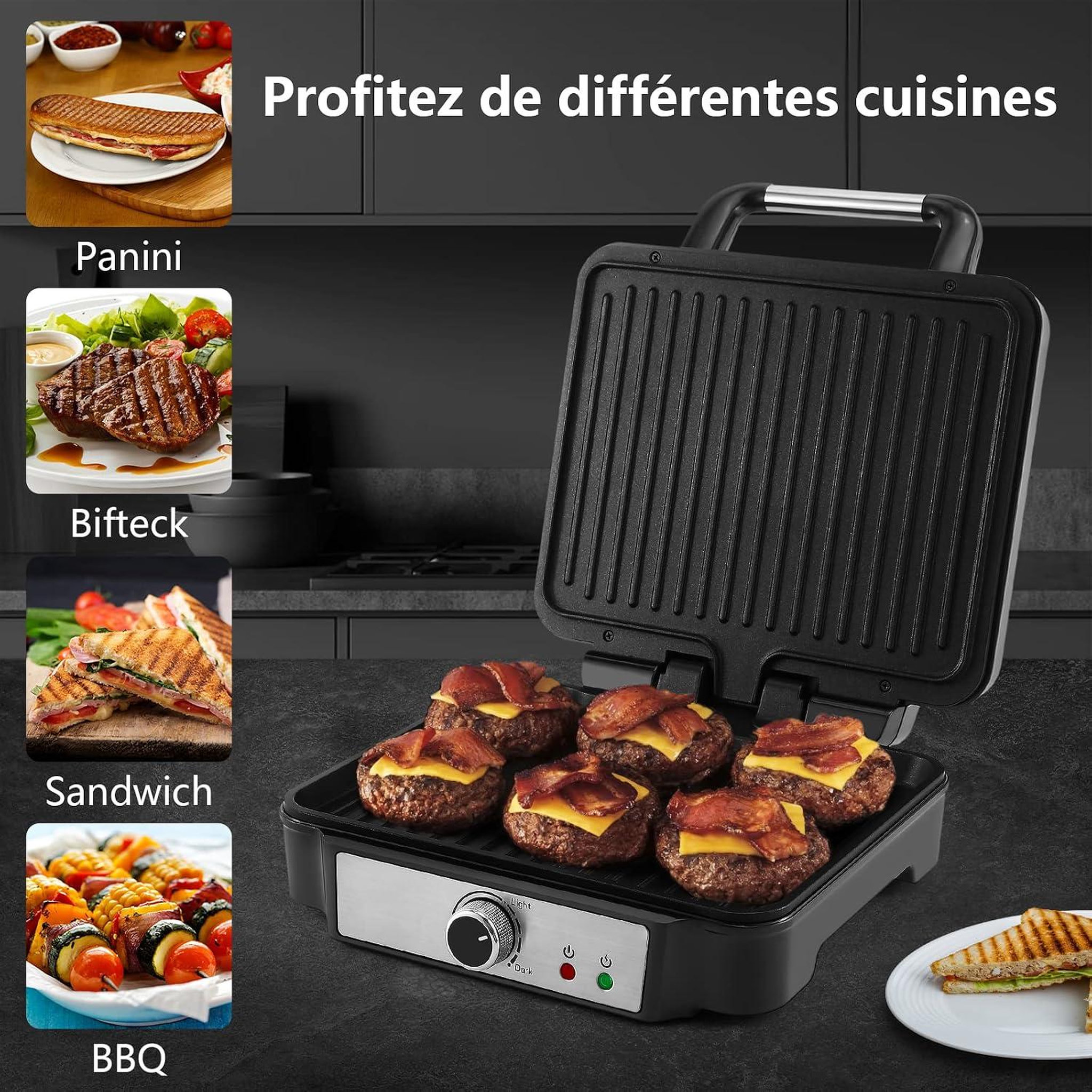 Voir la diapositive 5 : YASHE Gril de contact 1800 W, 4 tranches, ouverture 180°