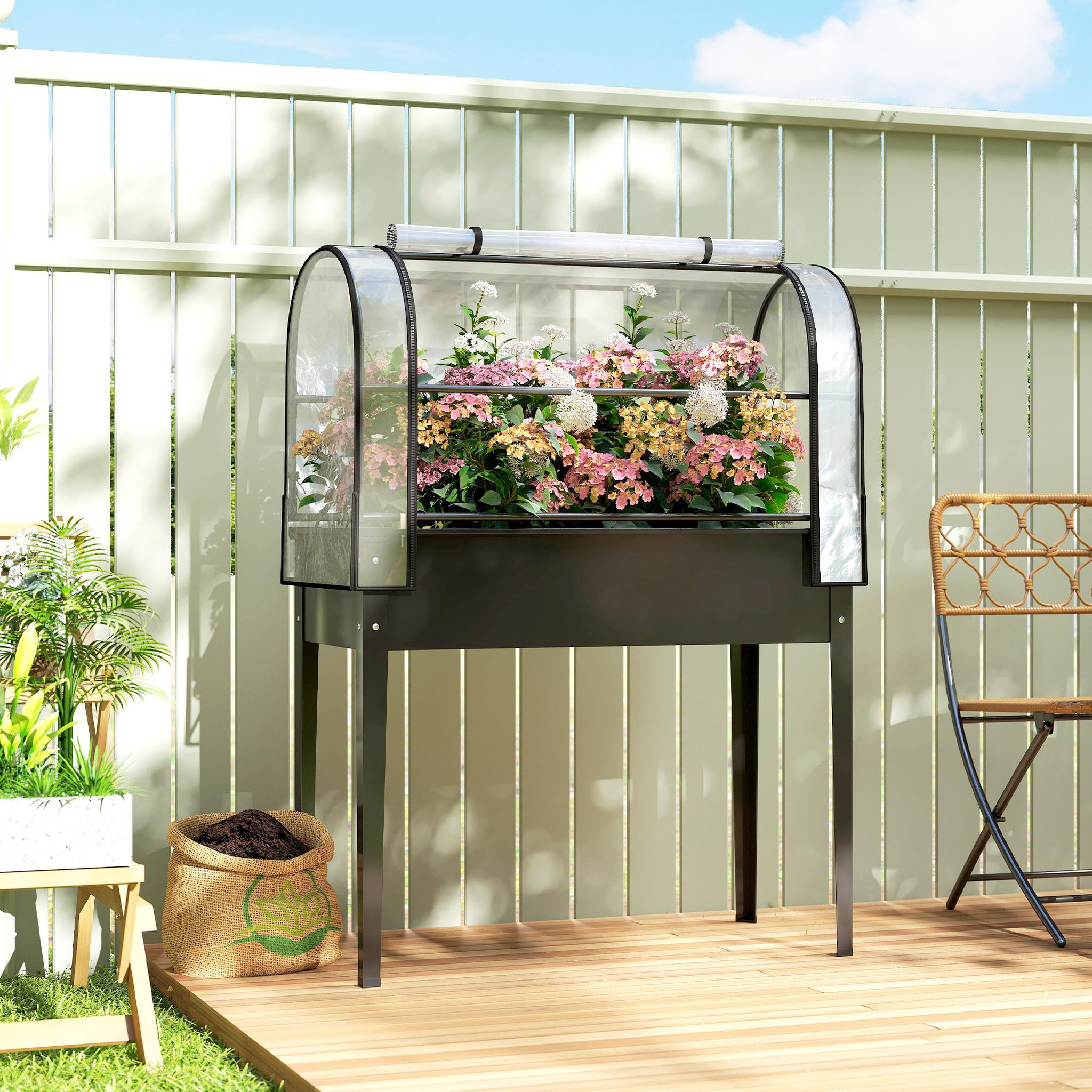 Voir la diapositive 6 : OUTSUNNY Potager sur pieds - serre rabattable - trou de drainage - pour plantes fleurs légumes - métal - 100 x 49 x 136 - noir