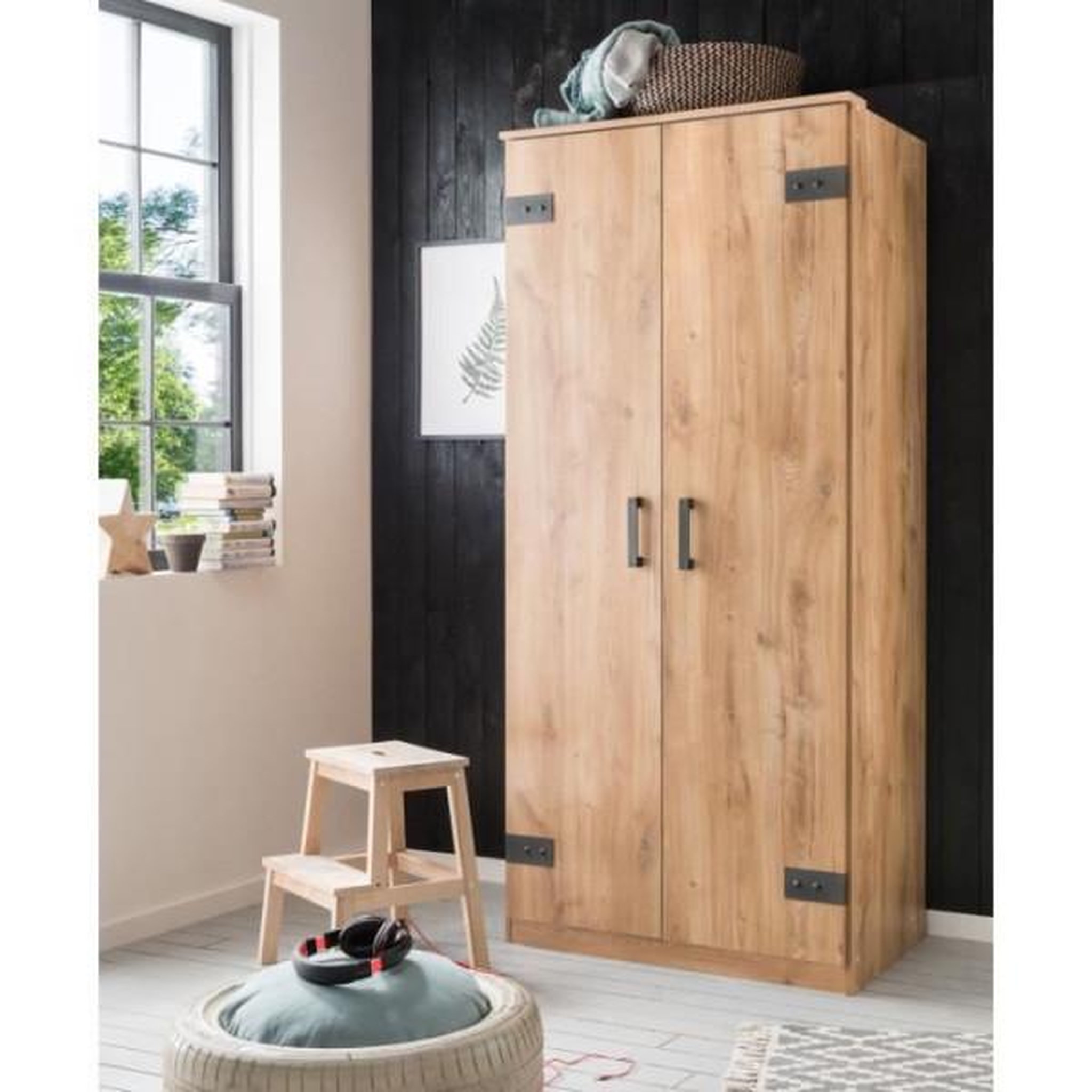 Voir la diapositive 2 : N/A Armoire CORFOU - Décor Chene - 2 portes - L90 x P58 x H198 cm