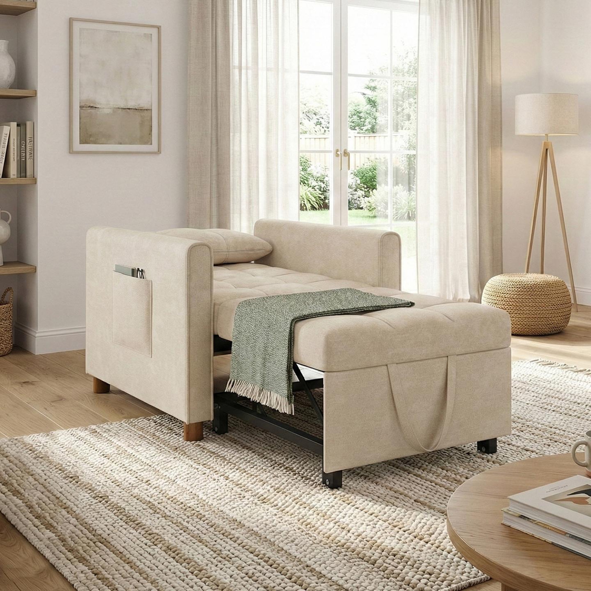 Voir la diapositive 3 : ID MARKET Fauteuil convertible emile lit d'appoint 1 place 69 x 170 cm tissu chenille beige