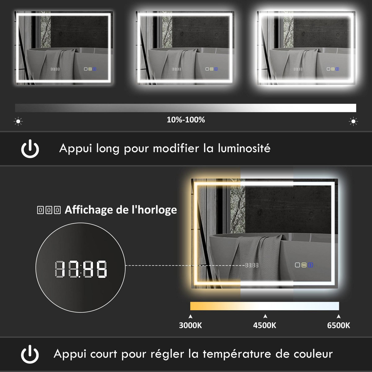 HOMCOM Miroir lumineux LED salle de bain 100 x 80 cm bluetooth interrupteur tactile lumière réglable 3 couleurs fonction anti-buée et mémoire