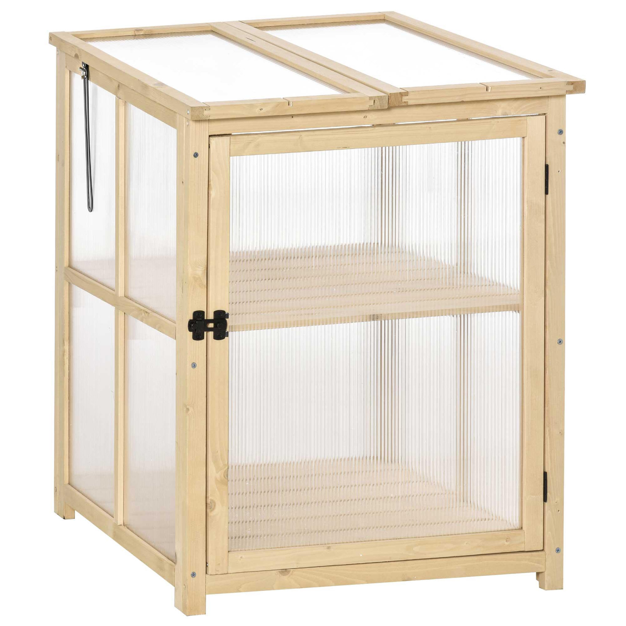 Voir la diapositive 1 : OUTSUNNY Mini serre de jardin 2 niveaux dim. 62L x 63l x 82H cm porte et panneau toit ouvrant bois sapin traité polycarbonate