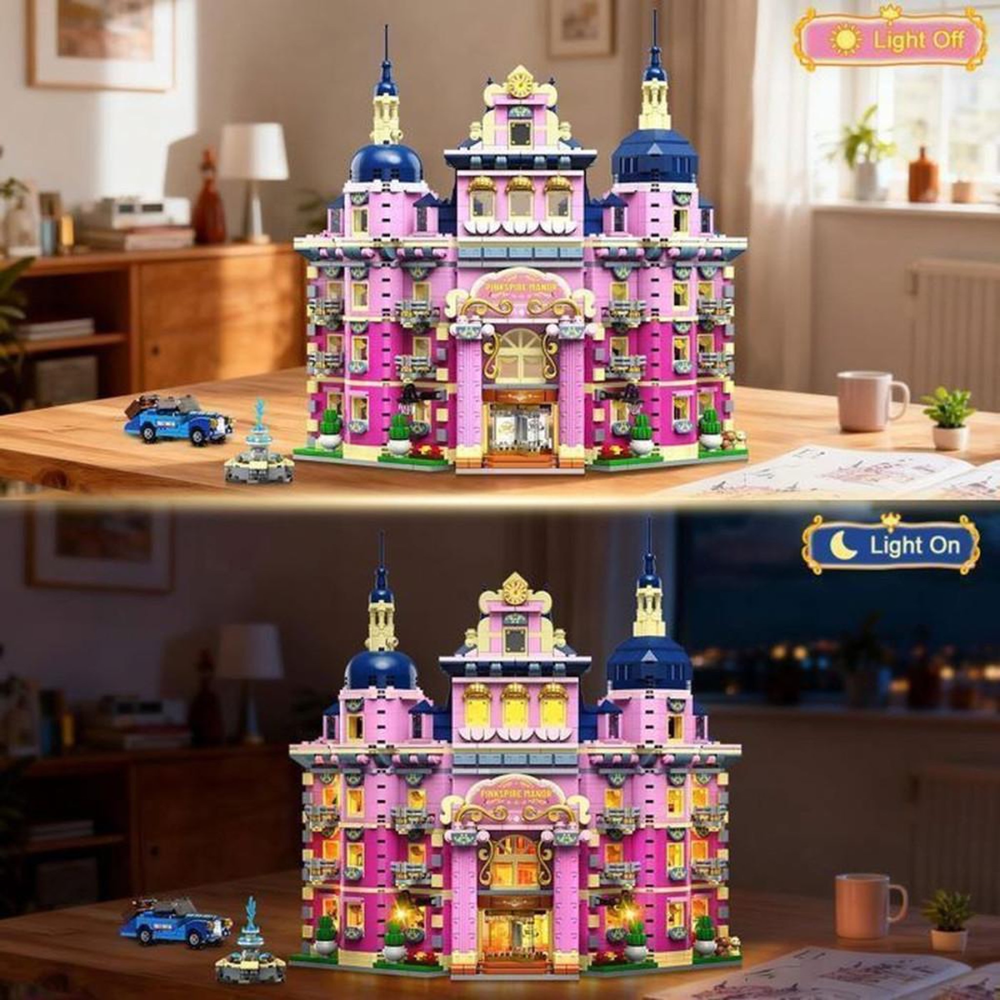 Voir la diapositive 3 : Kit maison de construction à LED Pinkspire Manor rose, 1815 pièces avec voiture et fontaine