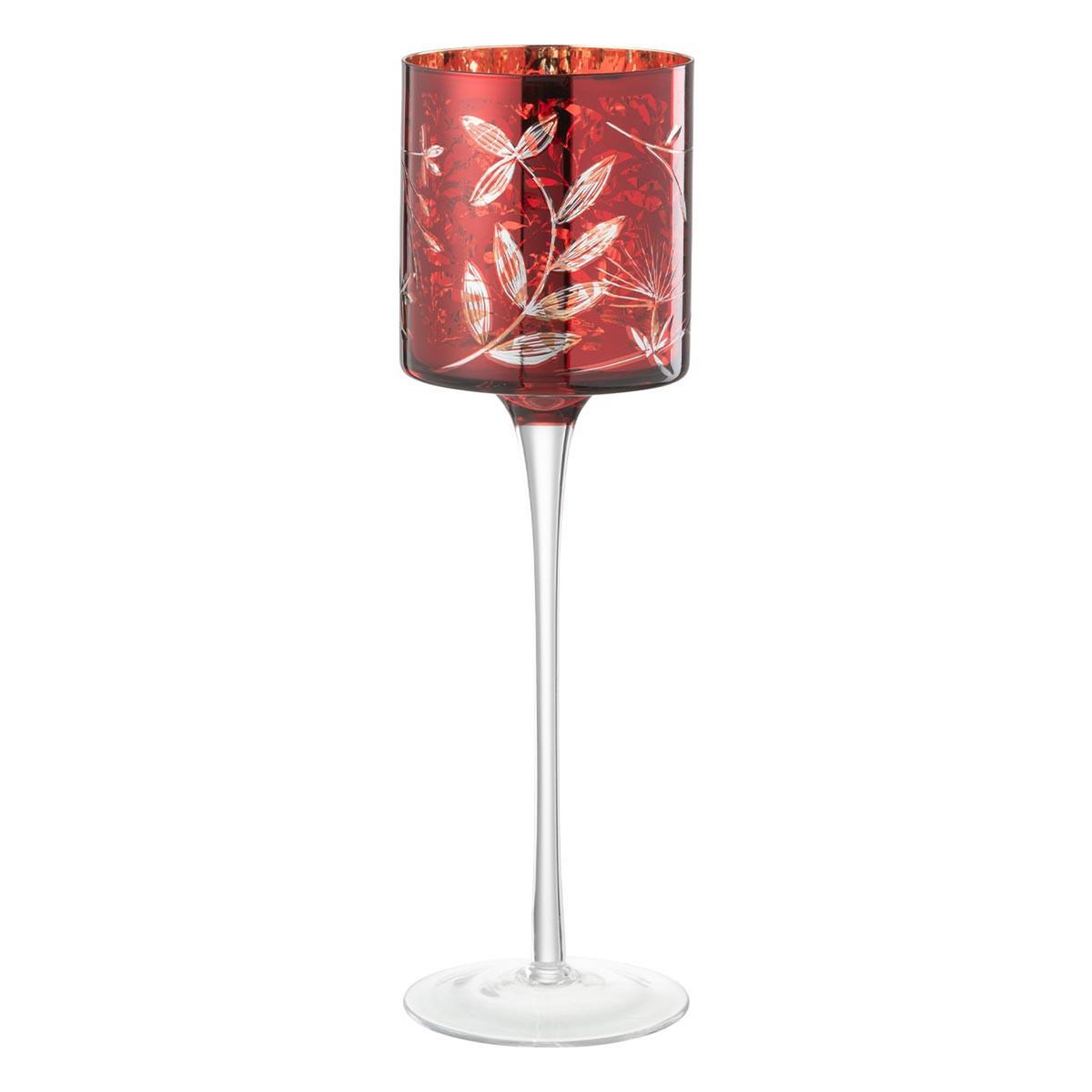 J-LINE Photophore sur Pied en Verre  Feuilles  30cm Rouge