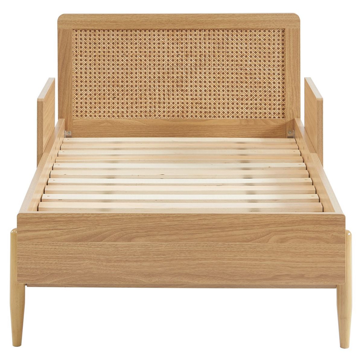 Lit enfant effet bois et cannage en rotin 70x140 sommier et barrières de sécurité inclus PAOLO