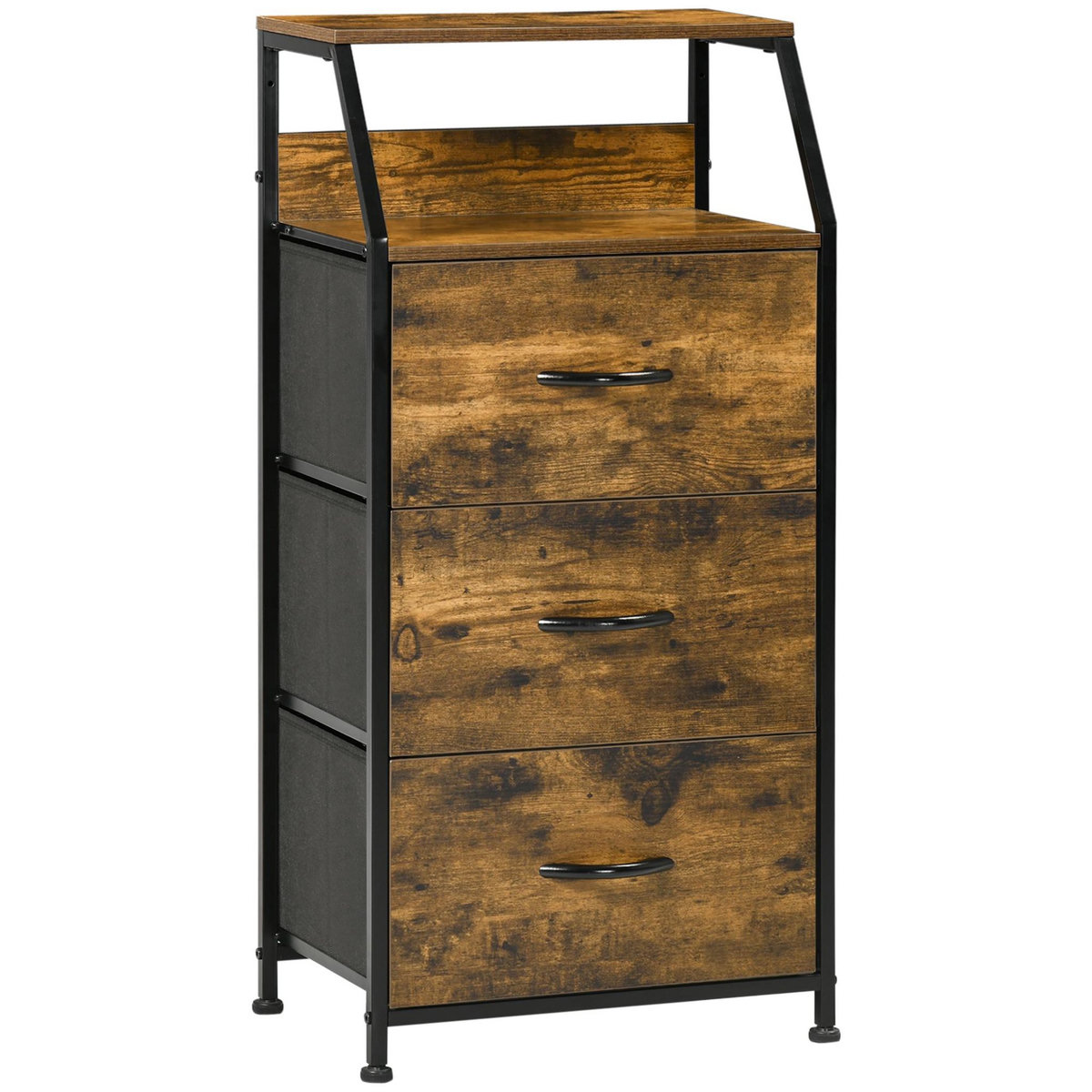 HOMCOM Meuble de rangement colonne design industriel - 3 tiroirs, niche, étagère - châssis acier noir MDF aspect bois avec veinage