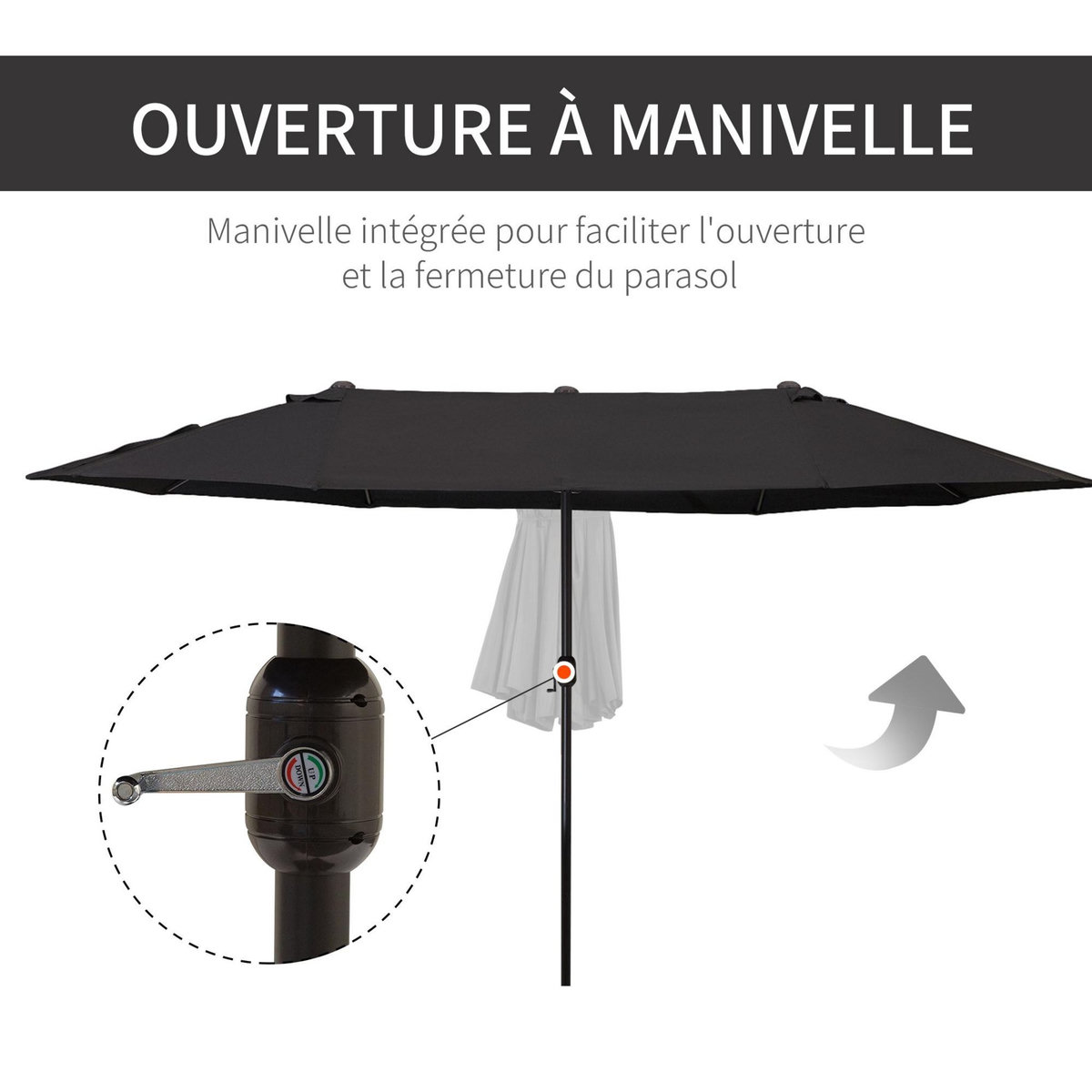 OUTSUNNY Parasol de jardin XXL parasol grande taille 4,6L x 2,7l x 2,4H m ouverture fermeture manivelle acier polyester haute densité noir