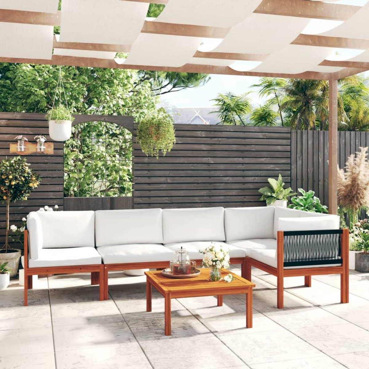 VIDAXL Salon de jardin 6 pcs avec coussins Creme Bois d'acacia solide