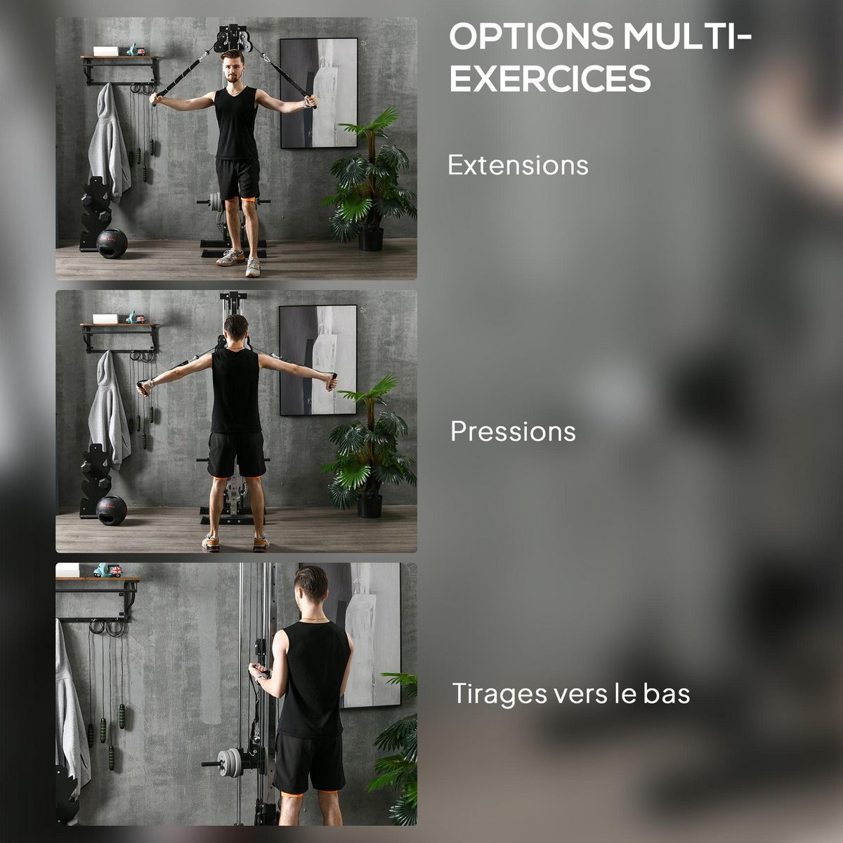 HOMCOM Station de musculation montage mural - double poulie, tirage poitrine, lat pulldown - acier gris noir