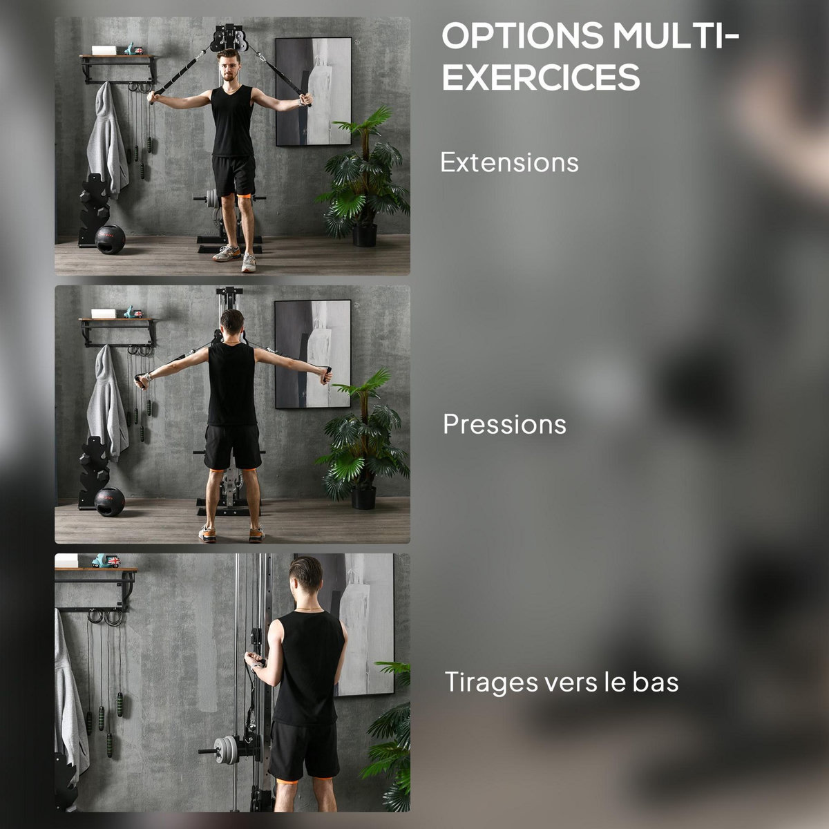 HOMCOM Station de musculation montage mural - double poulie, tirage poitrine, lat pulldown - acier gris noir