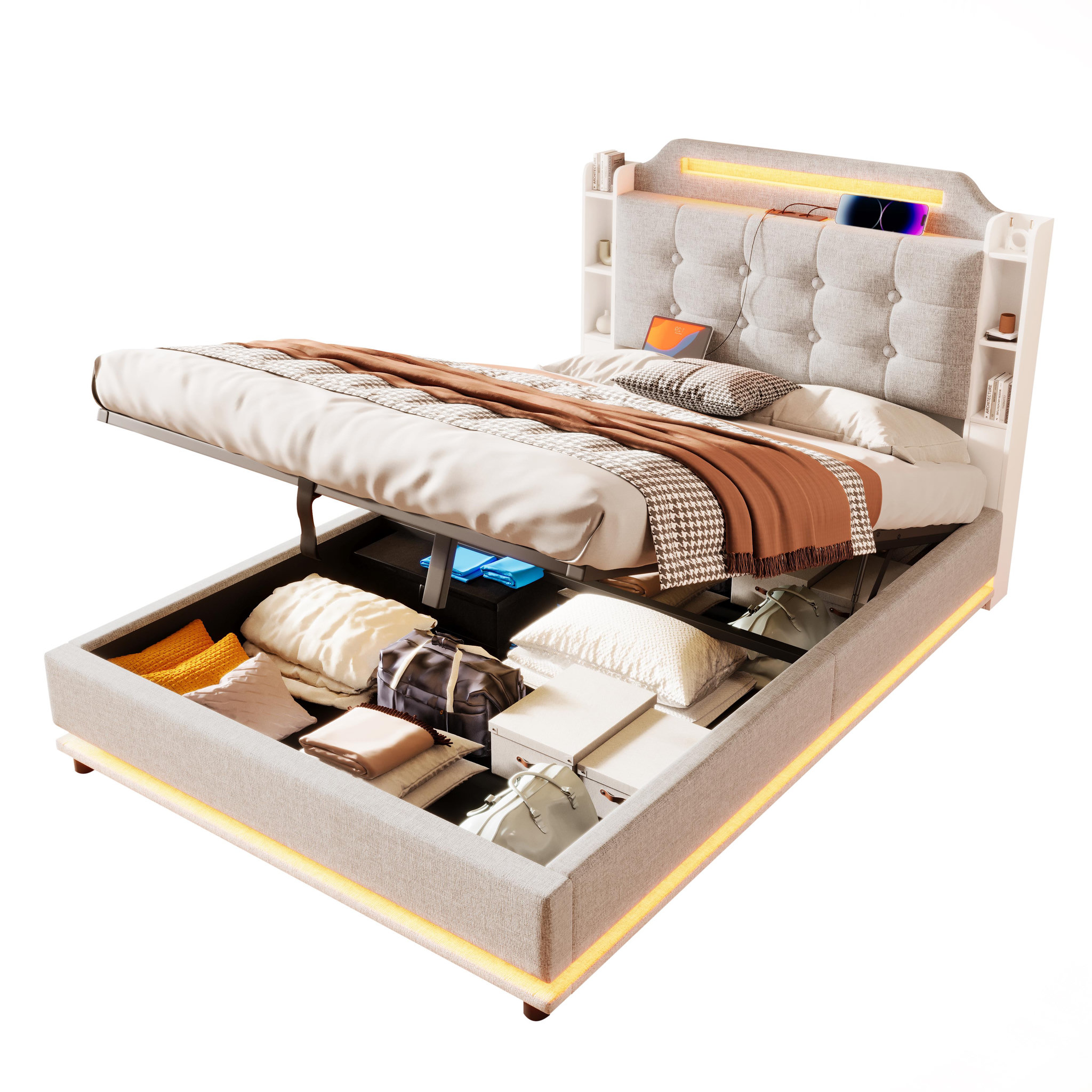 MERAX Lit coffre. Coloris disponibles : Gris, Beige