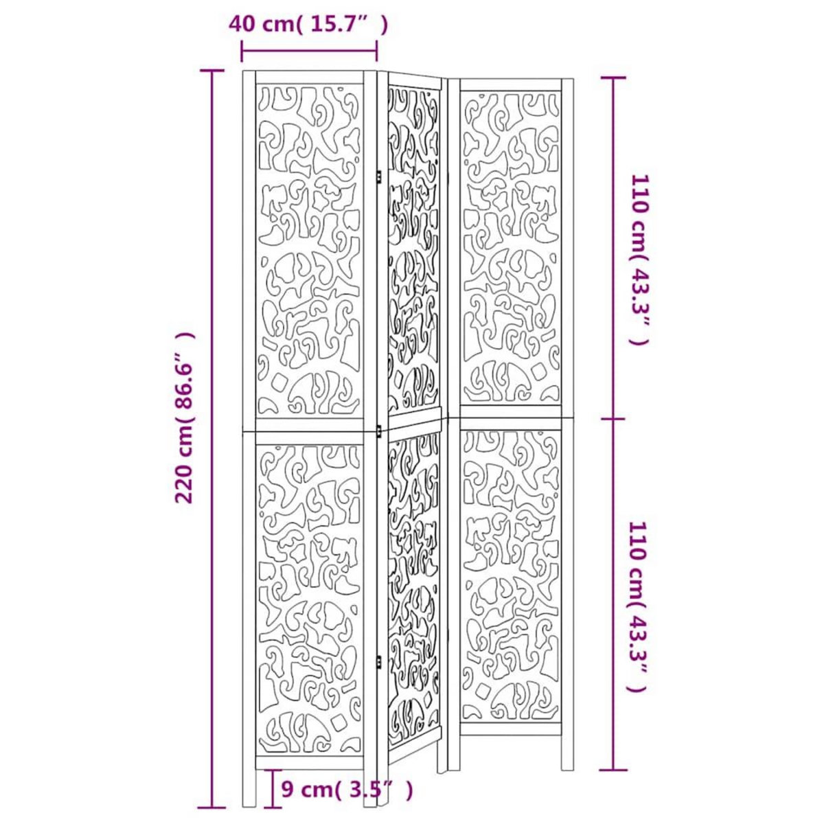 VIDAXL Cloison de separation 3 panneaux blanc bois de paulownia massif