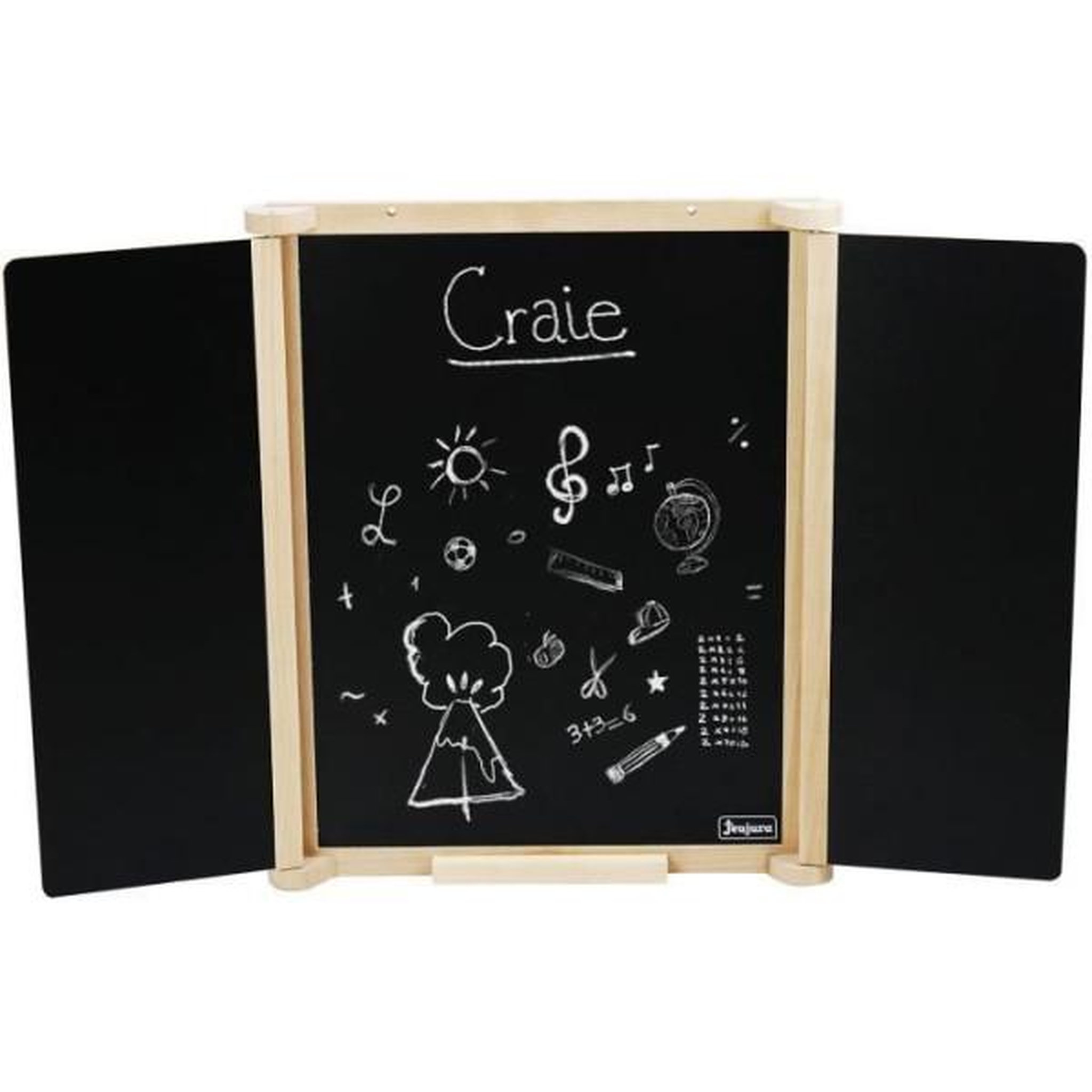 Voir la diapositive 4 : JeuJura Tableau Triptyque Mural en Bois Naturel - JEUJURA - Ardoise Centrale et Volets Craie/Feutre, Accessoires Inclus, 82x56 cm