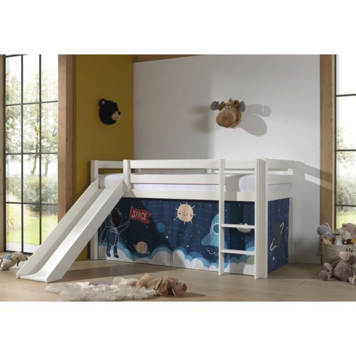 Paris Prix Lit Enfant Surélevé Avec Toboggan  Pino Space Shuttle  90x200cm Blanc