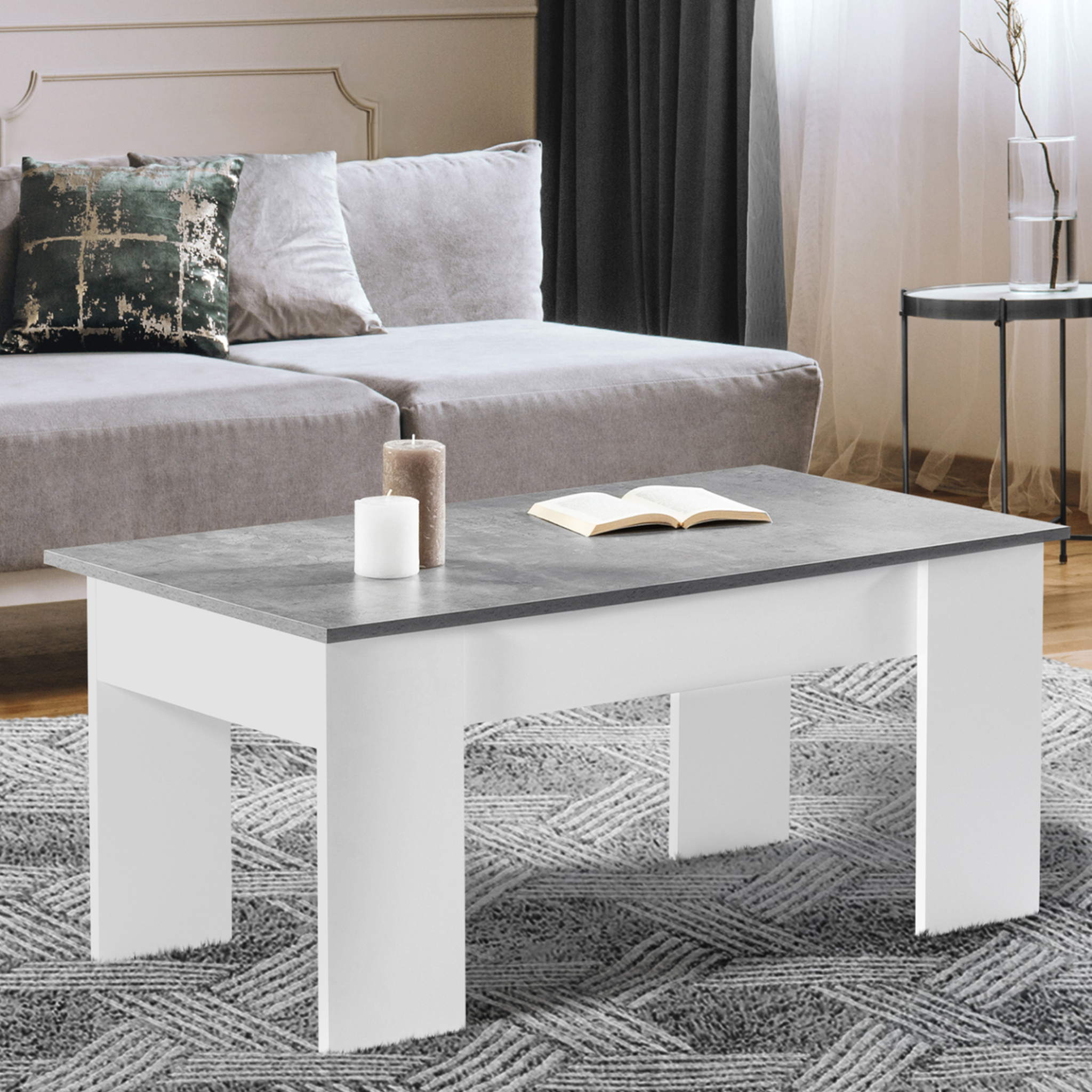 Voir la diapositive 3 : ID MARKET Table basse plateau relevable rectangulaire tara bois blanc et effet béton