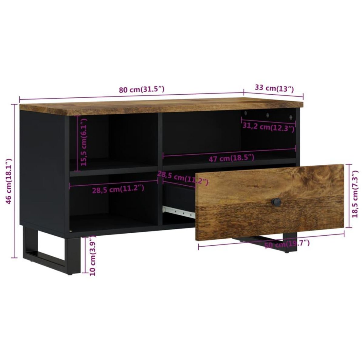 VIDAXL Meuble TV 80x33x46 cm bois de manguier et d'ingenierie