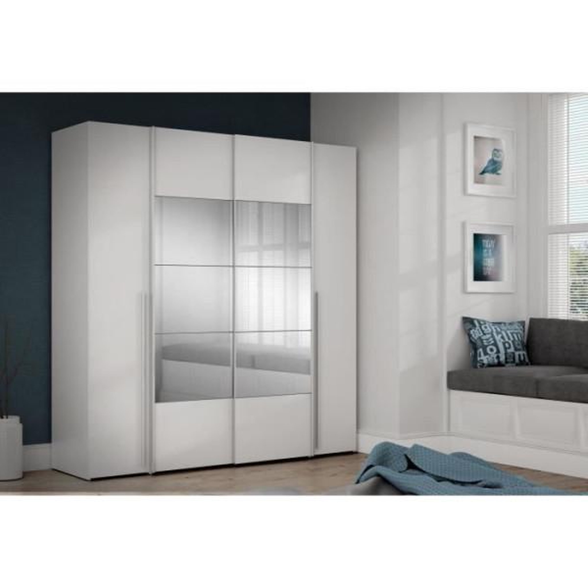 Voir la diapositive 2 : MARKET24 Armoire NARAGO - Décor Blanc mat - 2 portes coulissantes + miroir + 2 portes battantes + 2 penderies - L200 x P61 x H210 cm
