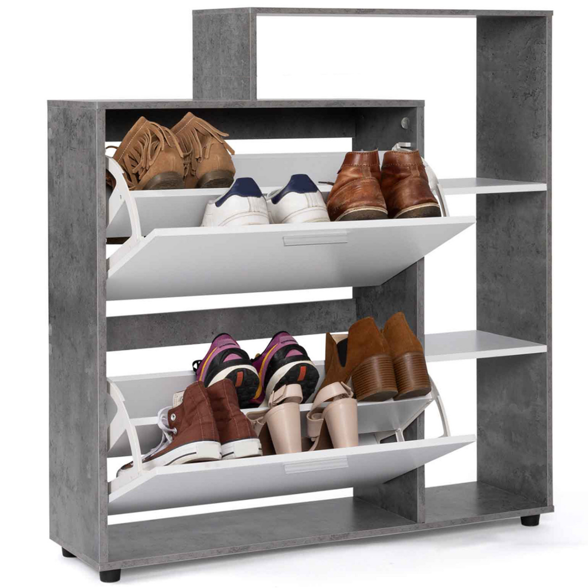 ID MARKET Meuble à chaussures 12 paires KLARK effet béton 2 portes blanches avec étagère