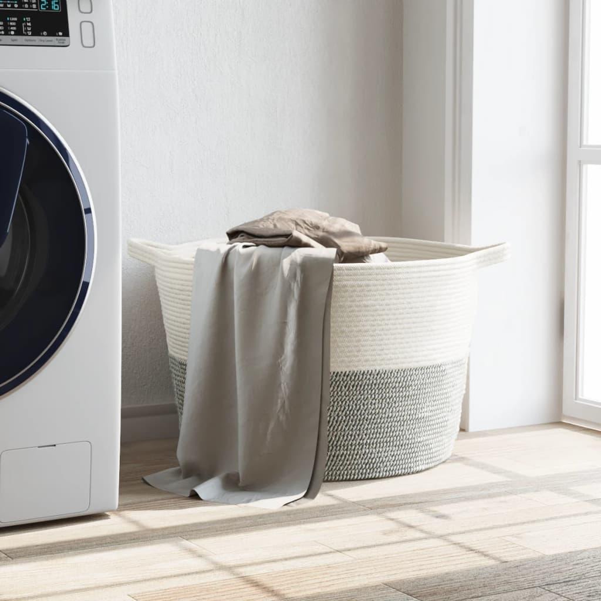 Voir la diapositive 3 : VIDAXL Panier a linge gris et blanc Ø60x36 cm coton