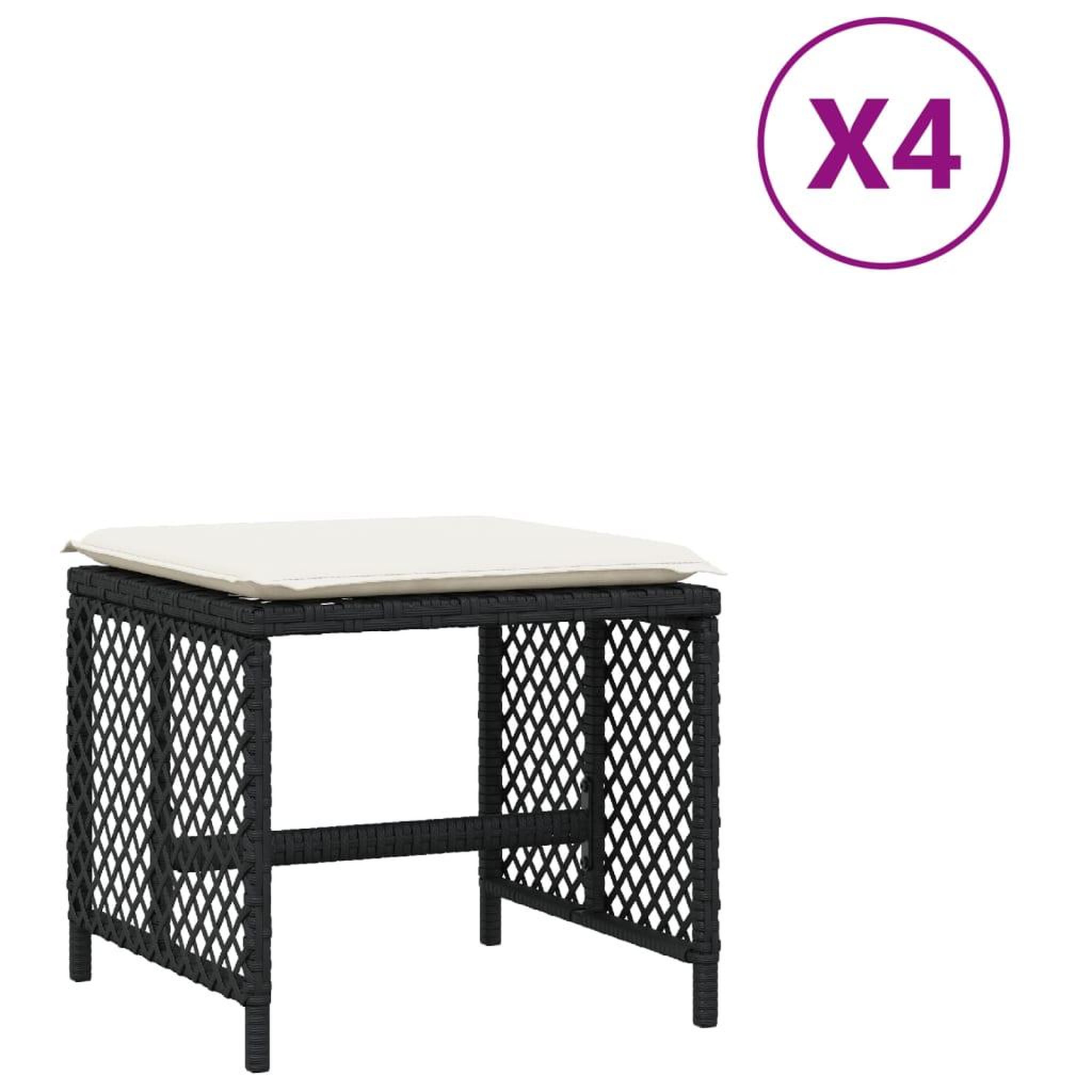 Voir la diapositive 2 : VIDAXL Tabourets de jardin et coussins lot de 4 noir 41x41x36 cm rotin