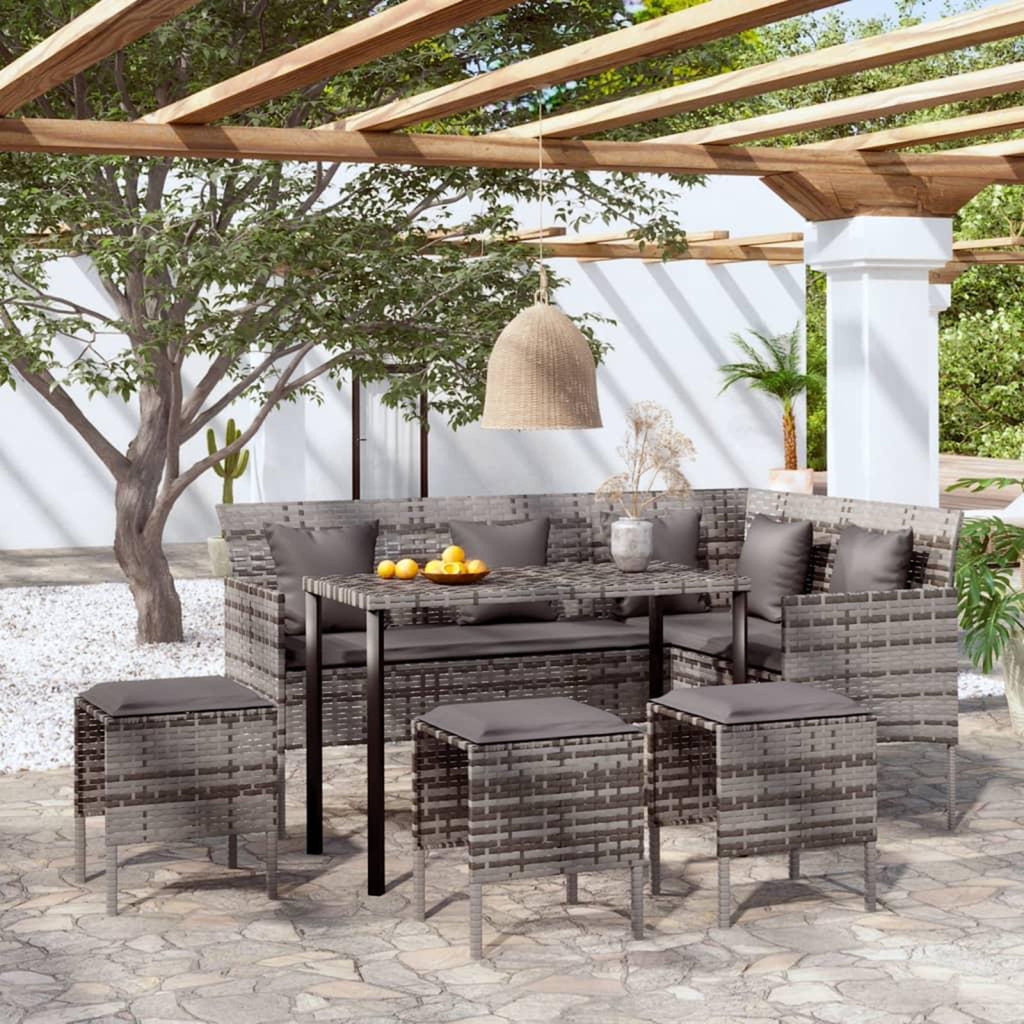 Voir la diapositive 1 : VIDAXL Ensemble de canapes en L 5pcs avec coussins resine tressee gris