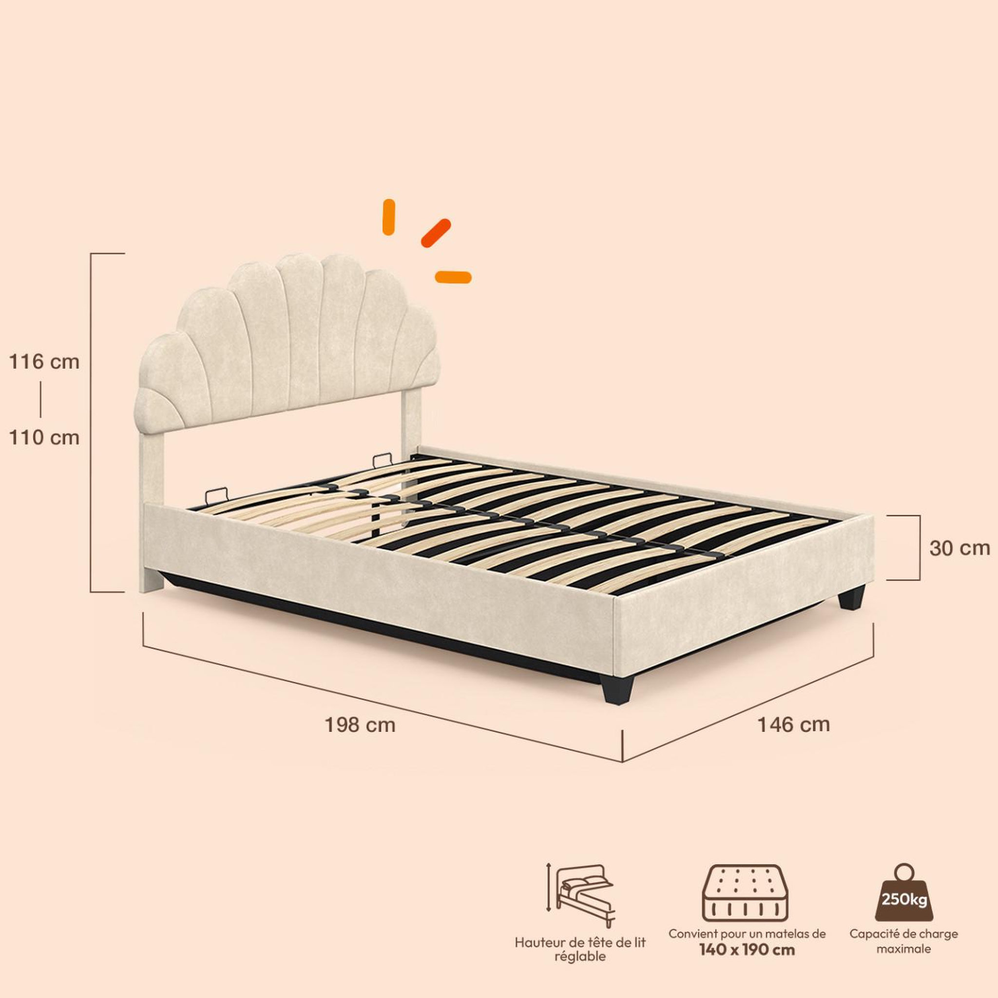 Voir la diapositive 4 : ID MARKET Lit coffre double coquillage AMANDA avec tête de lit et sommier 140 x 190 cm velours beige