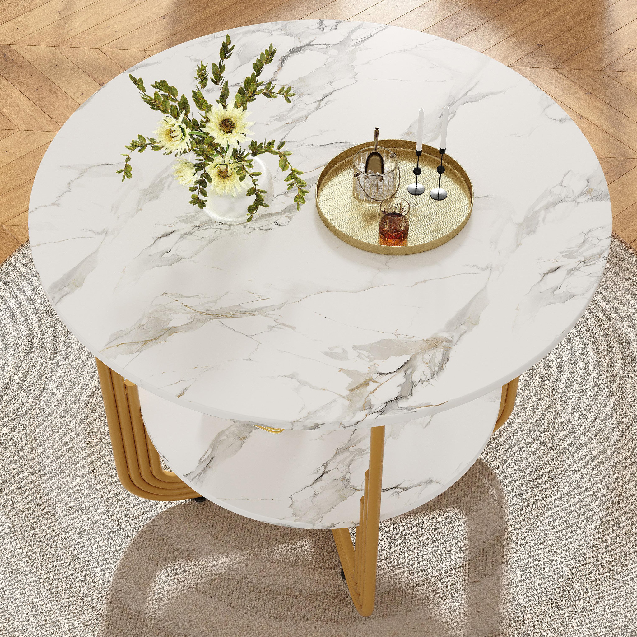 Voir la diapositive 4 : MERAX Table à manger ronde fixe blanc+doré - 80x80-80max.cm mdf