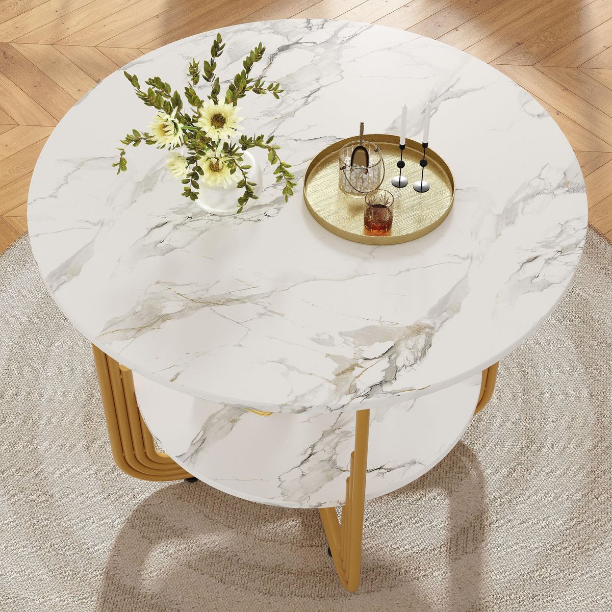 MERAX Table à manger ronde fixe blanc+doré - 80x80-80max.cm mdf