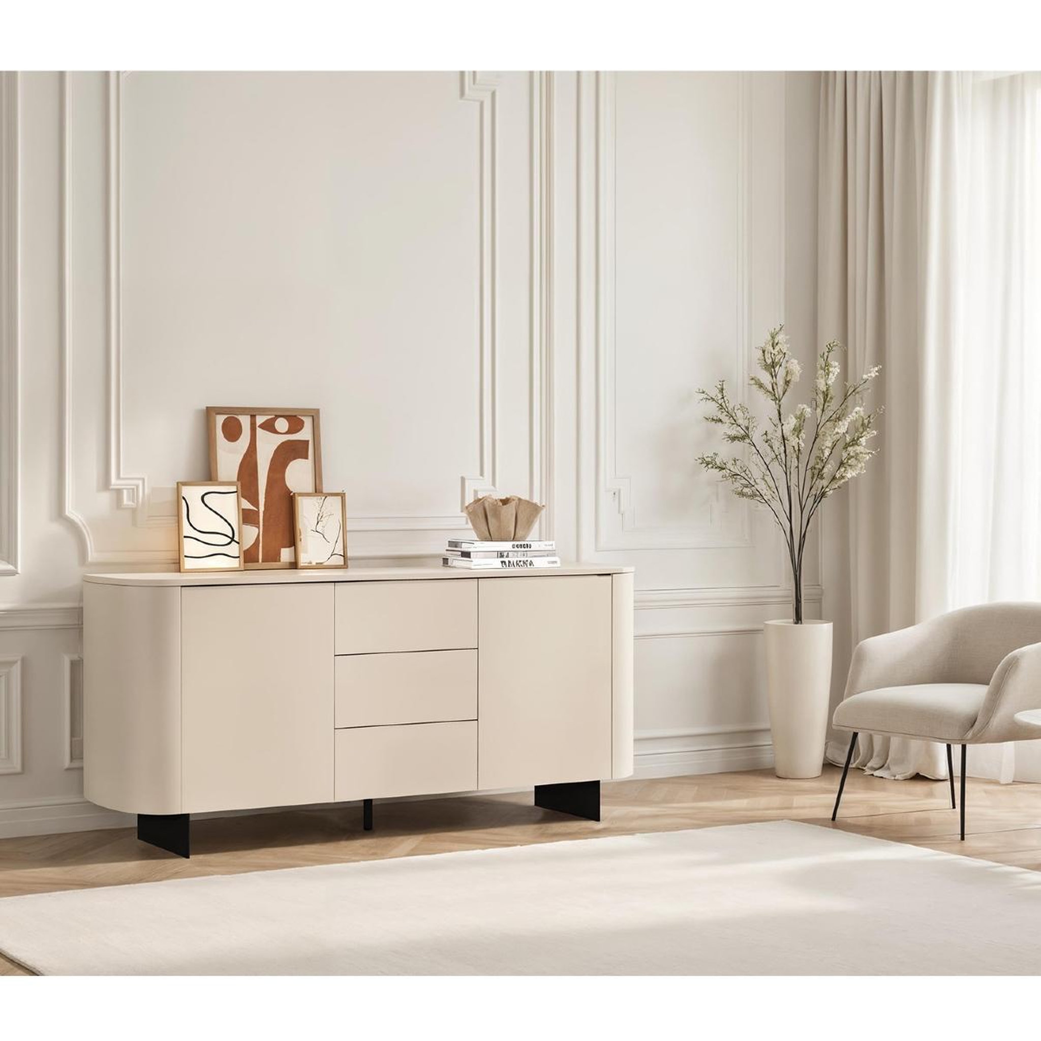 Voir la diapositive 2 : JLC KREATION Buffet bas arrondi beige cachemire 180cm isabela