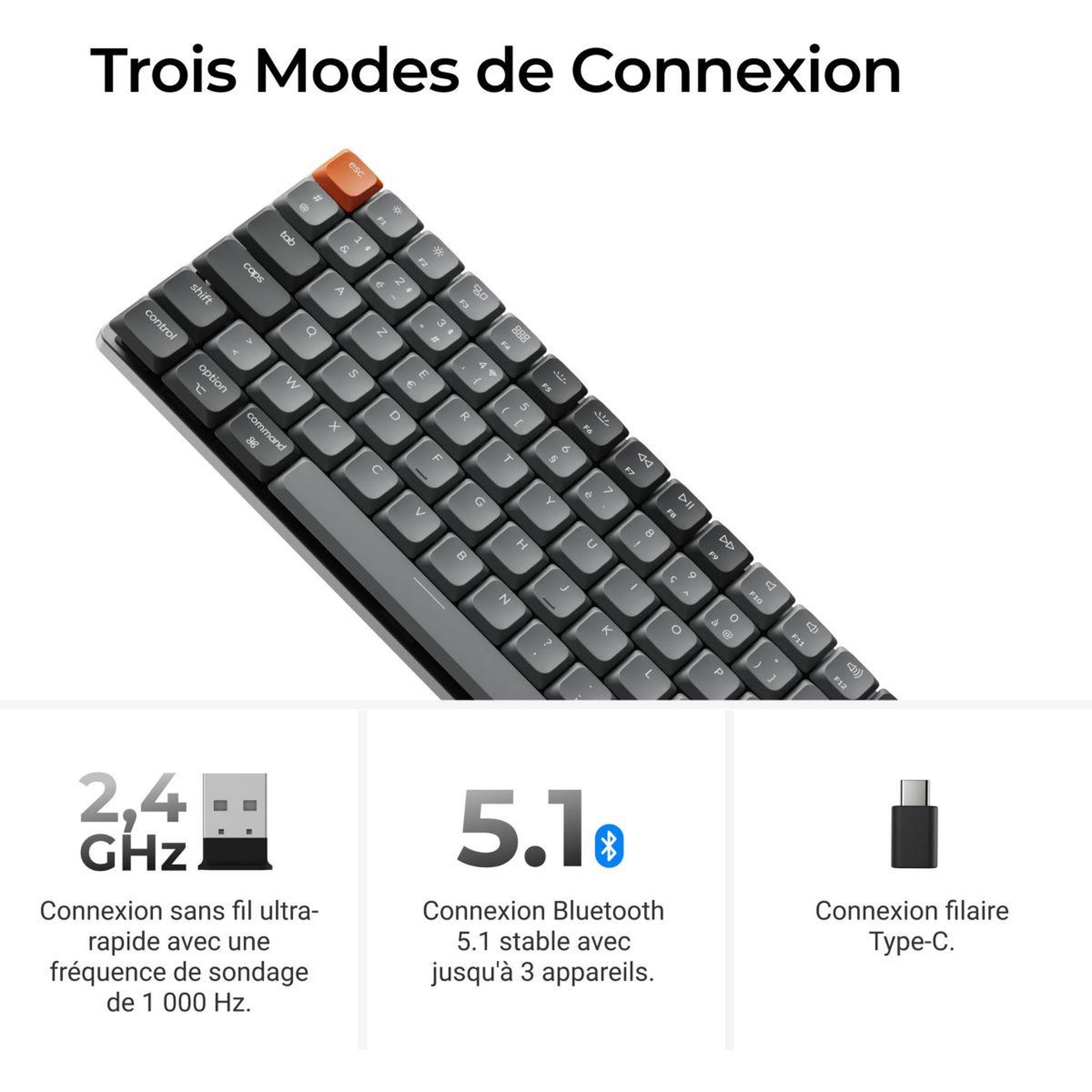 Voir la diapositive 5 : KEYCHRON Clavier gamer sans fil K3 Max QMK/VIA Wireless