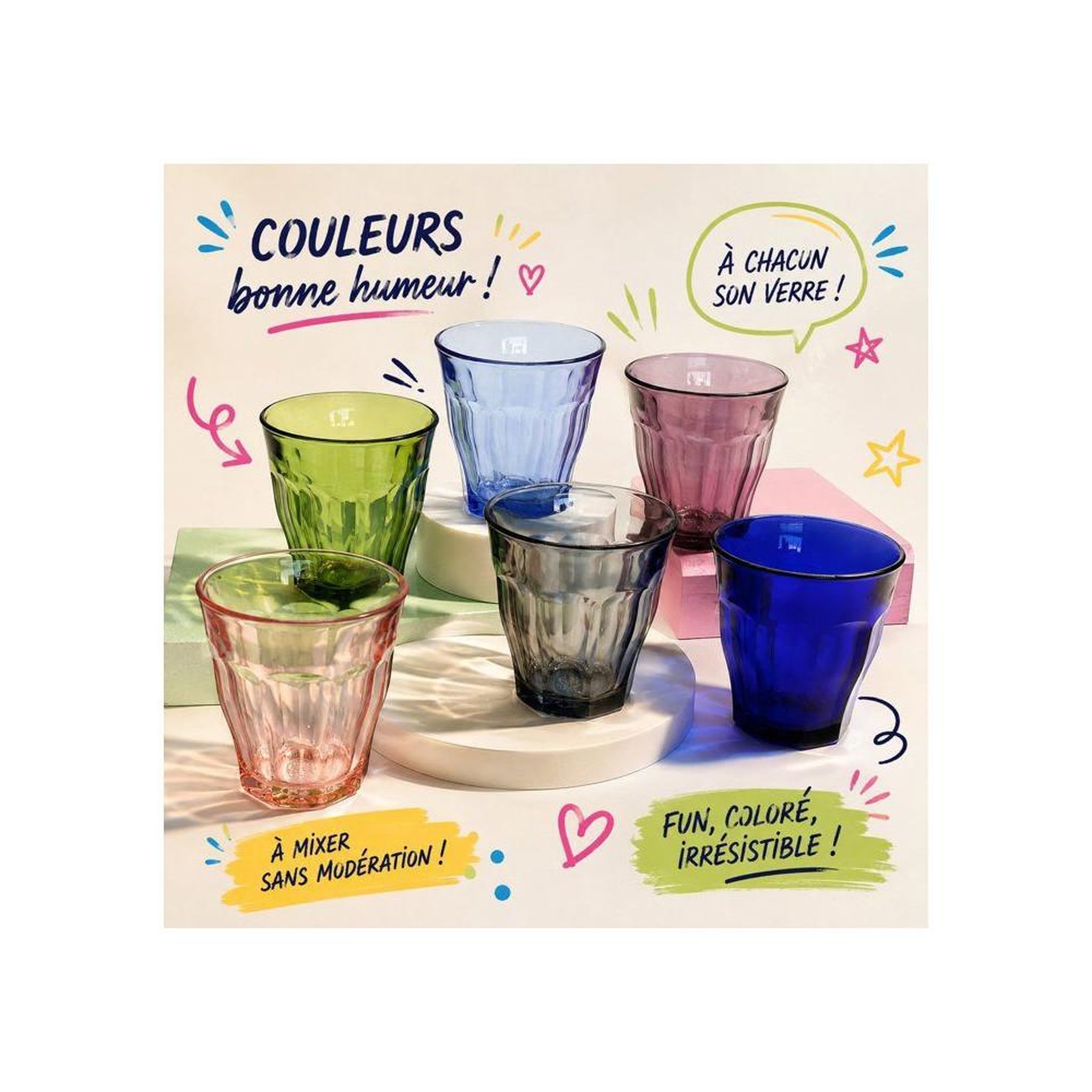 Voir la diapositive 2 : DURALEX Verres à eau picardie panaché 6 pièces 25 cl, verre trempé, 6 couleurs