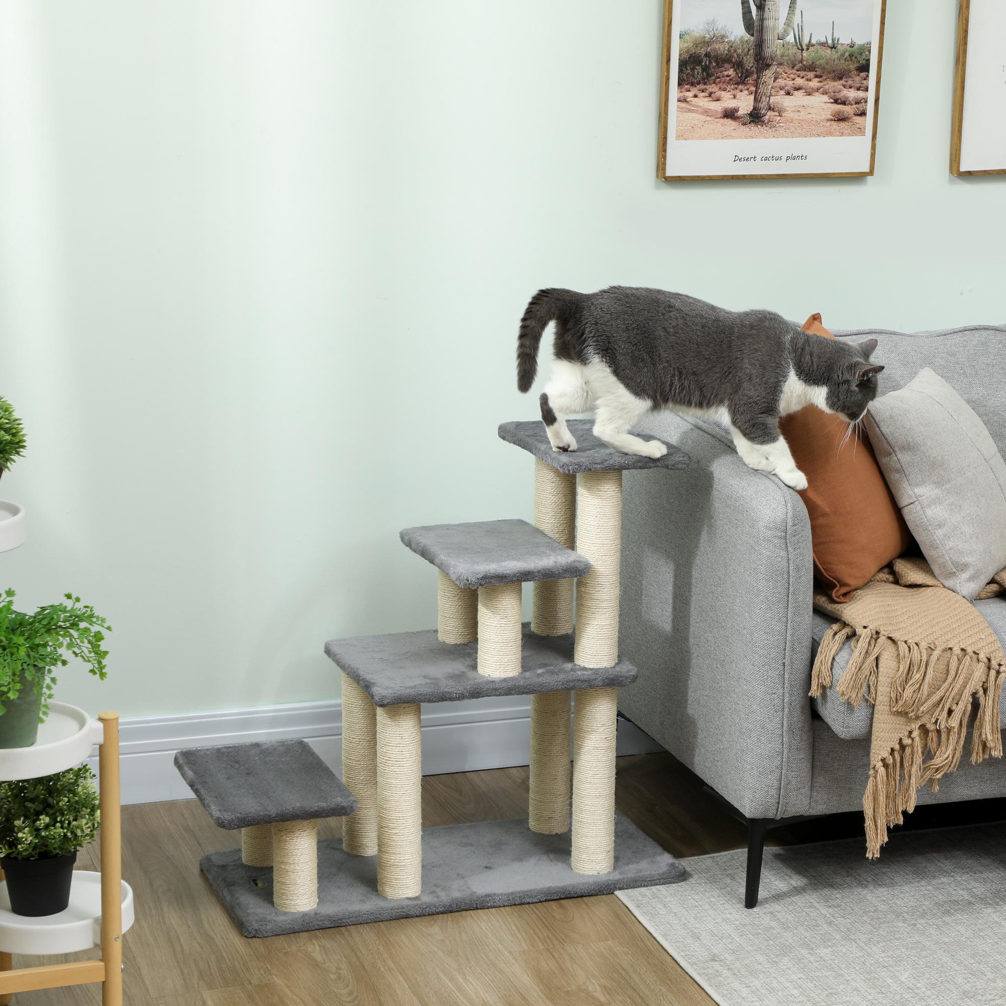 Voir la diapositive 2 : PAWHUT Escalier pour chat 4 marches - 8 poteaux griffoirs, jeu boule suspendue - sisal peluche gris
