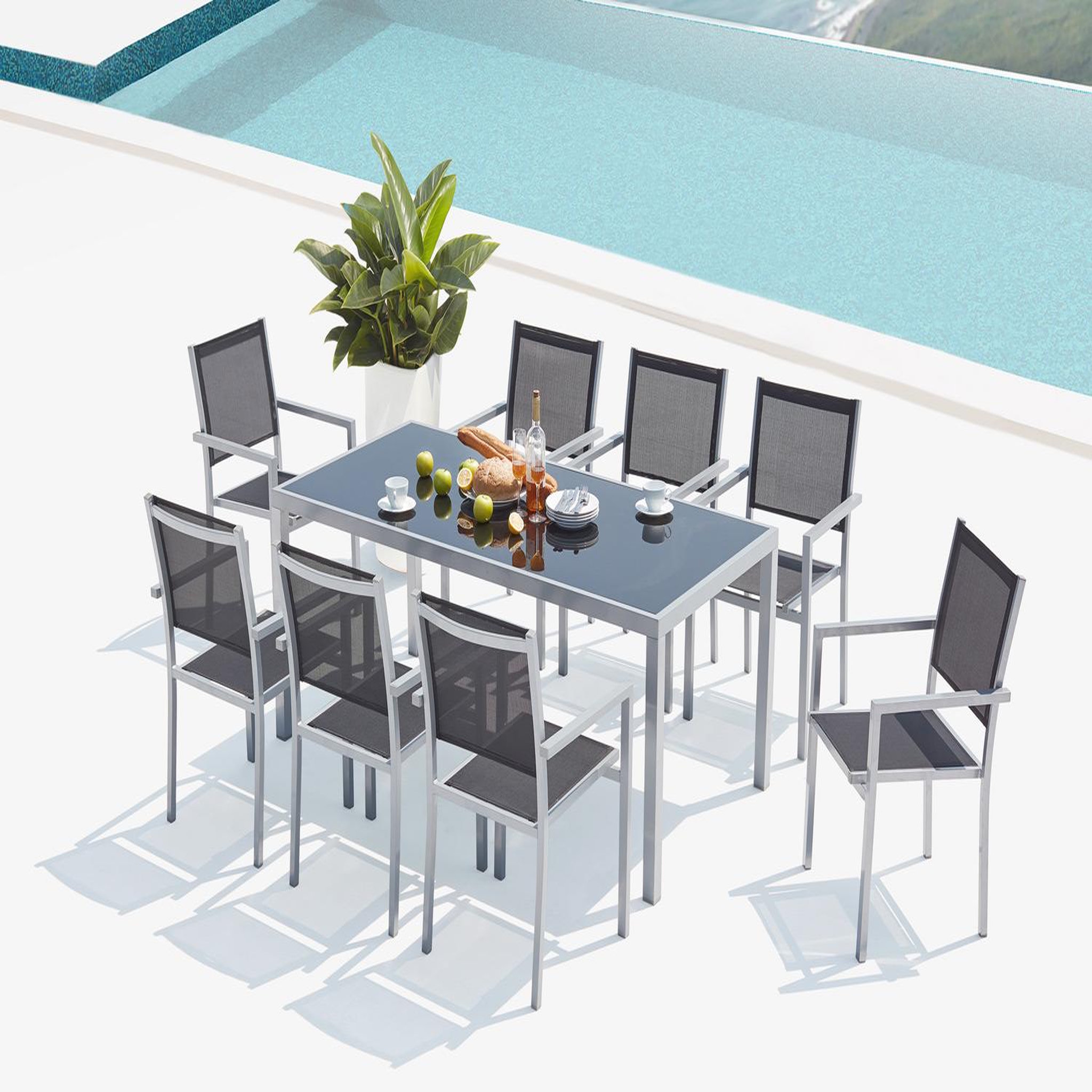 Voir la diapositive 2 : CONCEPT USINE Table de jardin et 8 fauteuils aluminium et toile pvc gris salerne