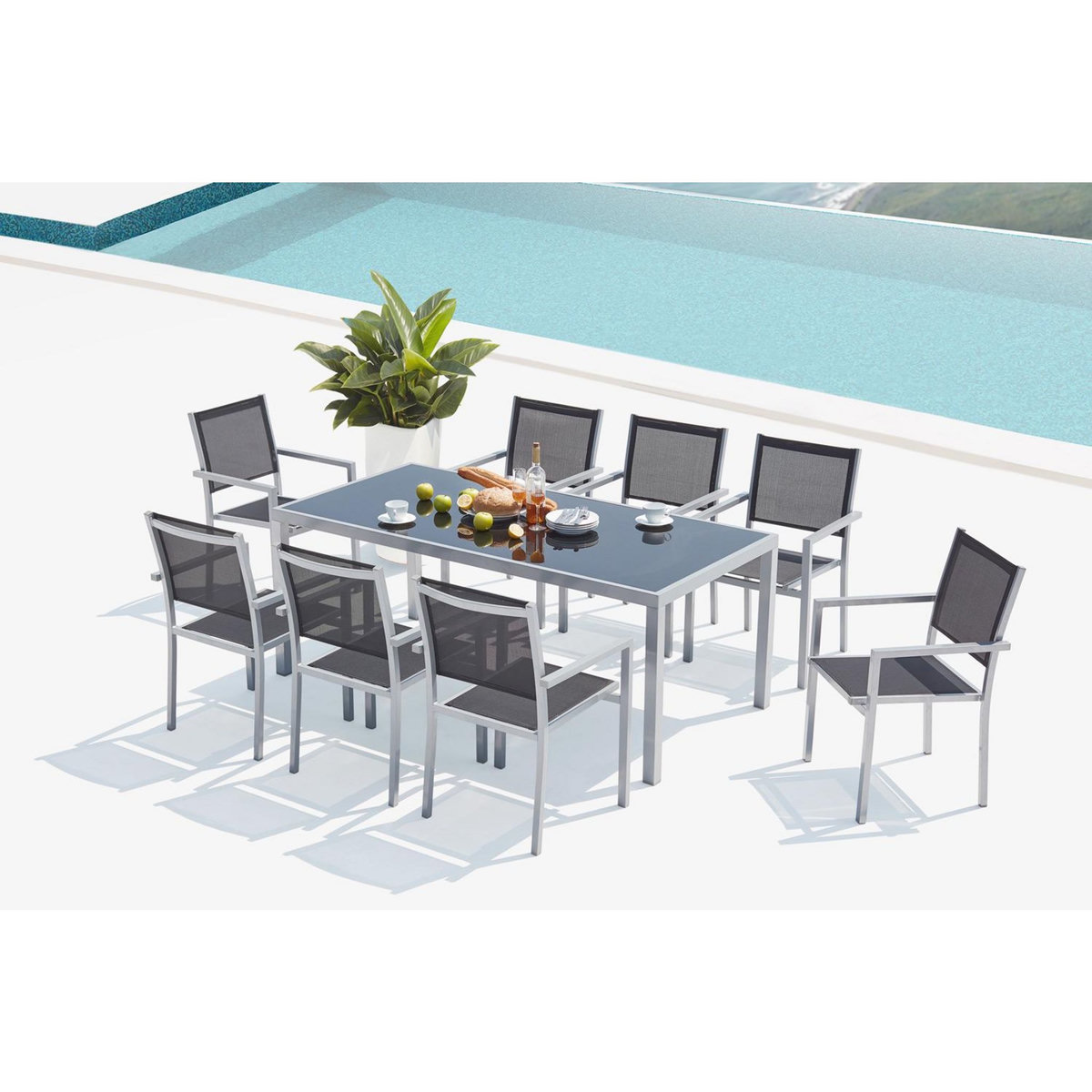 CONCEPT USINE Table de jardin et 8 fauteuils aluminium et toile PVC gris SALERNE