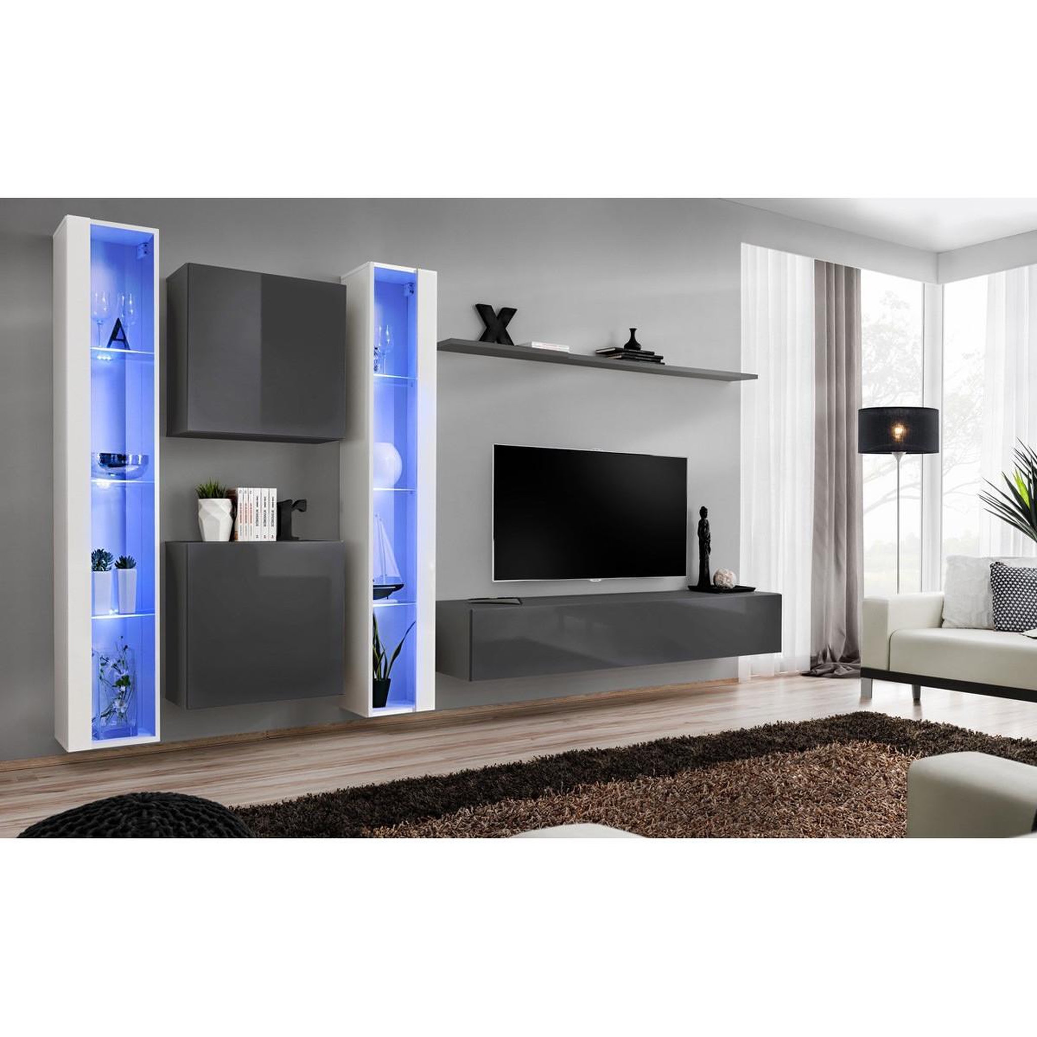 Voir la diapositive 2 : Paris Prix Meuble TV Mural Design  Switch XVI  330cm Blanc & Gris